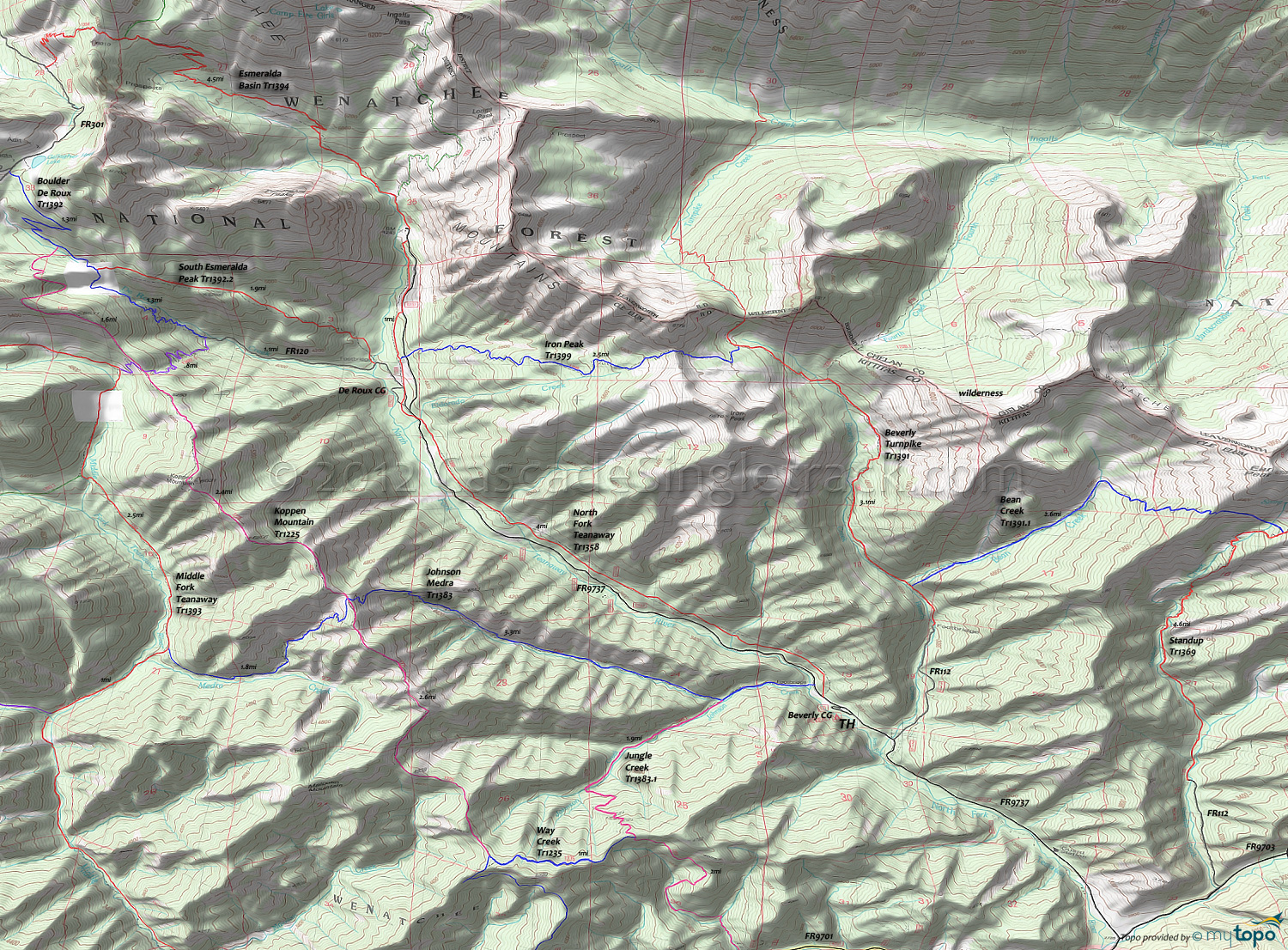 Bean Creek Trail 1391.1, Iron Peak Trail 1399, North Fork Teanaway Trail 1358, Beverly Turnpike Trail 1391, Johnson Medra Trail 1383, Jungle Creek Trail 1383.1, Koppen Mountain Trail 1225, Standup Creek Trail 1369 Area Topo Map