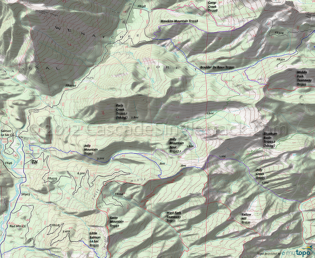 Boulder De Roux Trail 1392, Hawkins Mountain Trail 1228, Jolly Creek Trail 1355, Jolly Mountain Trail 1307, Jolly Mountain Spur Trail 1307.1, Paris Creek Trail 1393.1, Sasse Mountain Trail 1340, Skookum Basin Trail 1393.2 Area Topo Map
