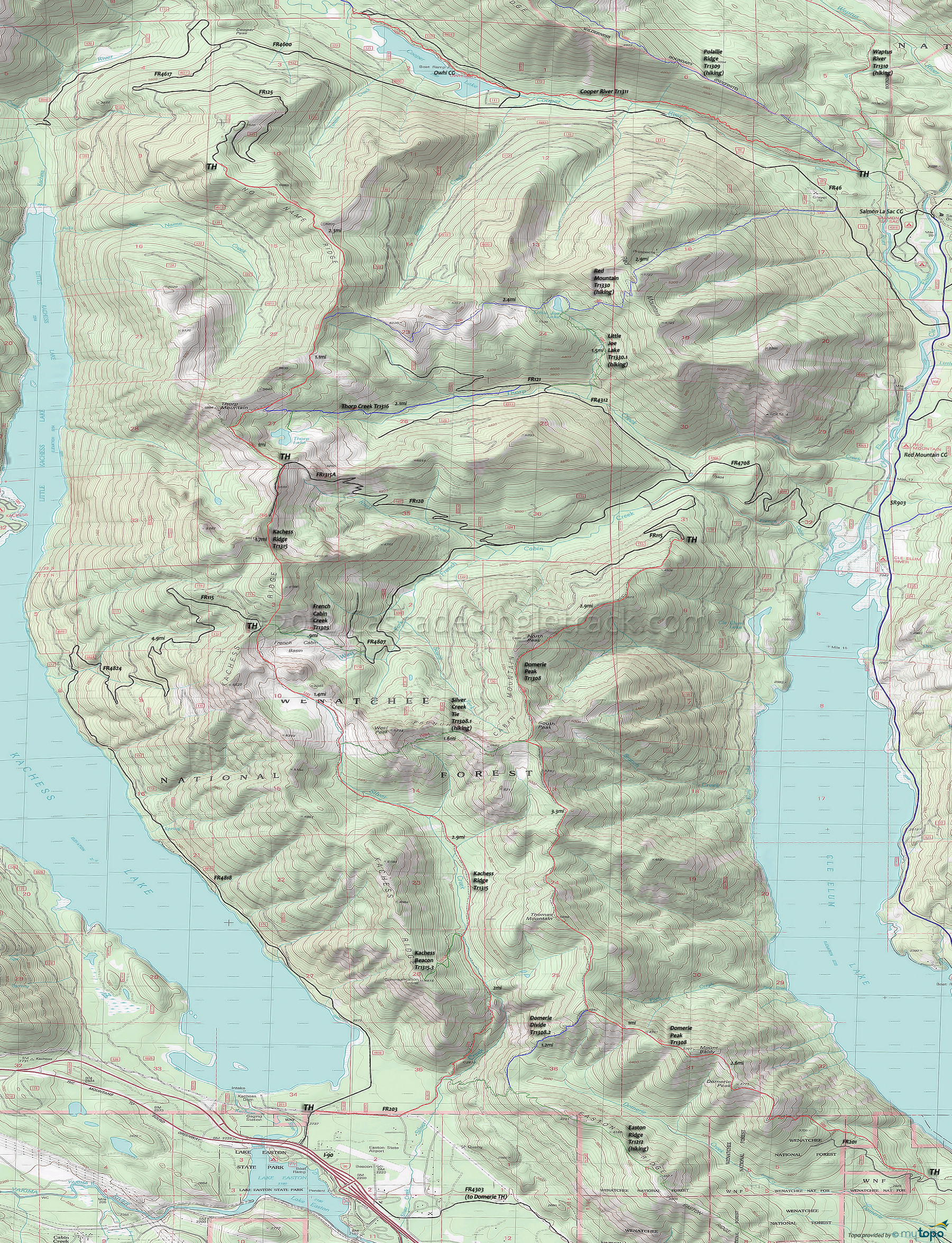 Domerie Peak Trail 1308, Easton Ridge Trail 1212, French Cabin Creek Trail 1305, Kachess Ridge Trail 1315, Red Mountain Trail 1330, Silver Creek Tie Trail 1308.1, Thorp Creek Trail 1316  Area Topo Map