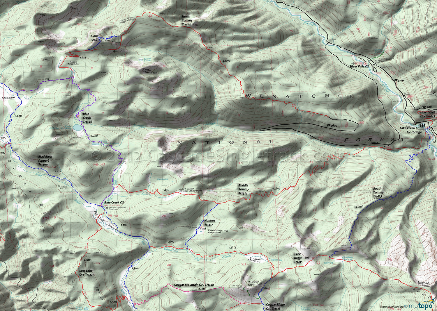 Blue Creek Trail 1426, Hunters Trail 1417, Mad River Trail 1409.1, Middle Tommy Trail 1424, North Tommy Trail 1425, South Tommy Trail 1423, Tyee Ridge Trail 1415 Area Topo Map