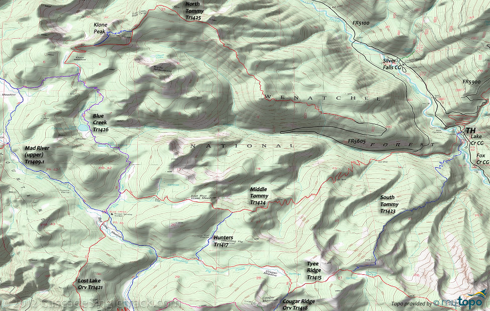 North Tommy, Blue Creek, Hunters Trail, Middle Tommy, South Tommy, Klone Peak Trail #1425 Topo Map