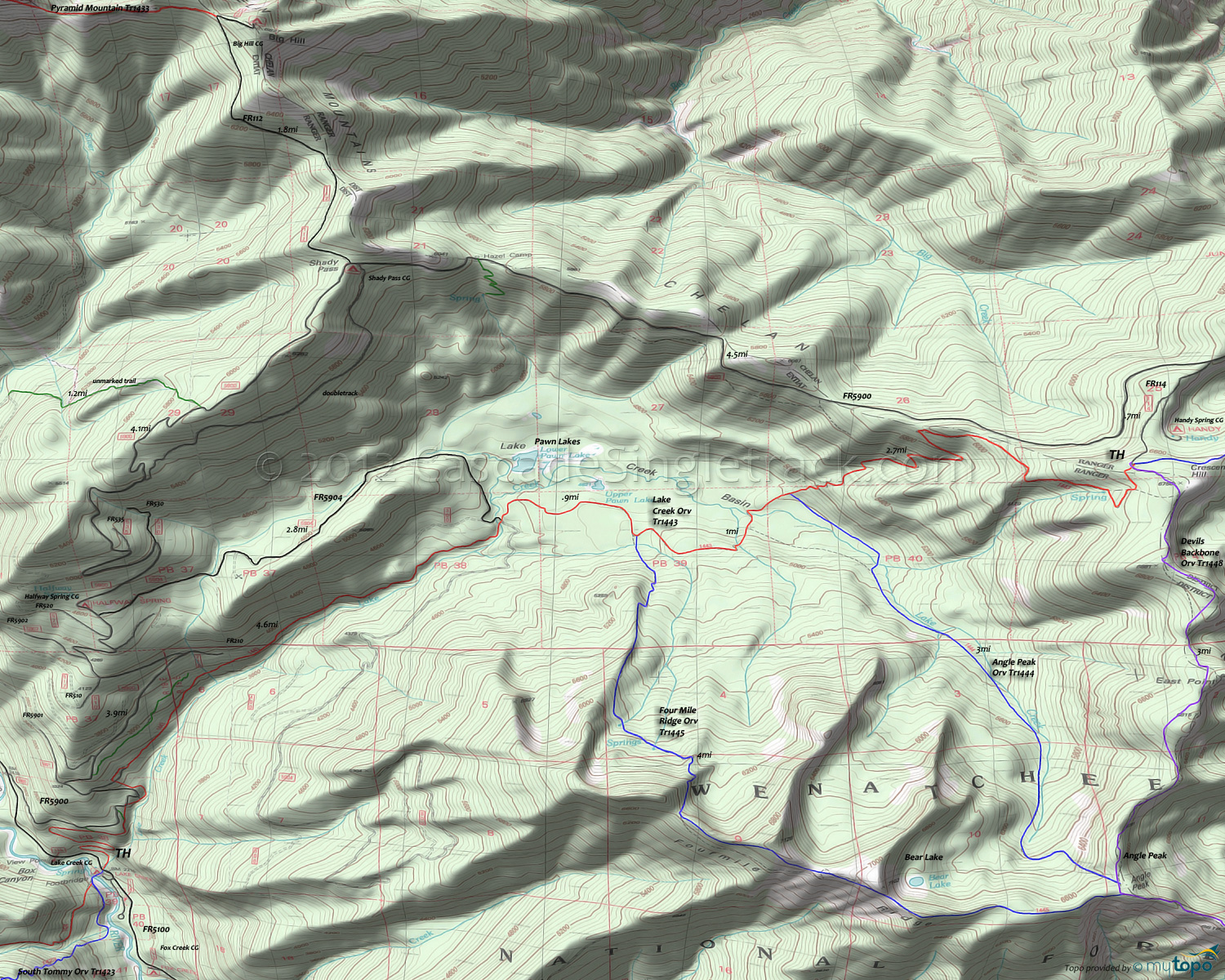 Angle Peak Trail 1444, Devils Backbone Trail 1448, Four Mile Ridge Trail 1445, Lake Creek Trail 1443 Area Topo Map