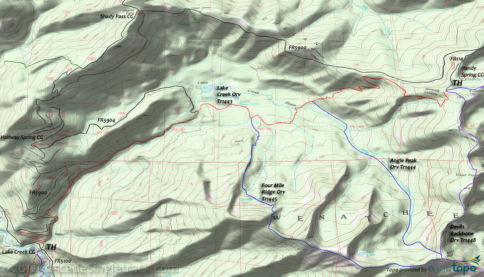 Angle Peak, Four Mile Ridge, Devils Backbone, Lake Creek Trail #1443 Topo Map