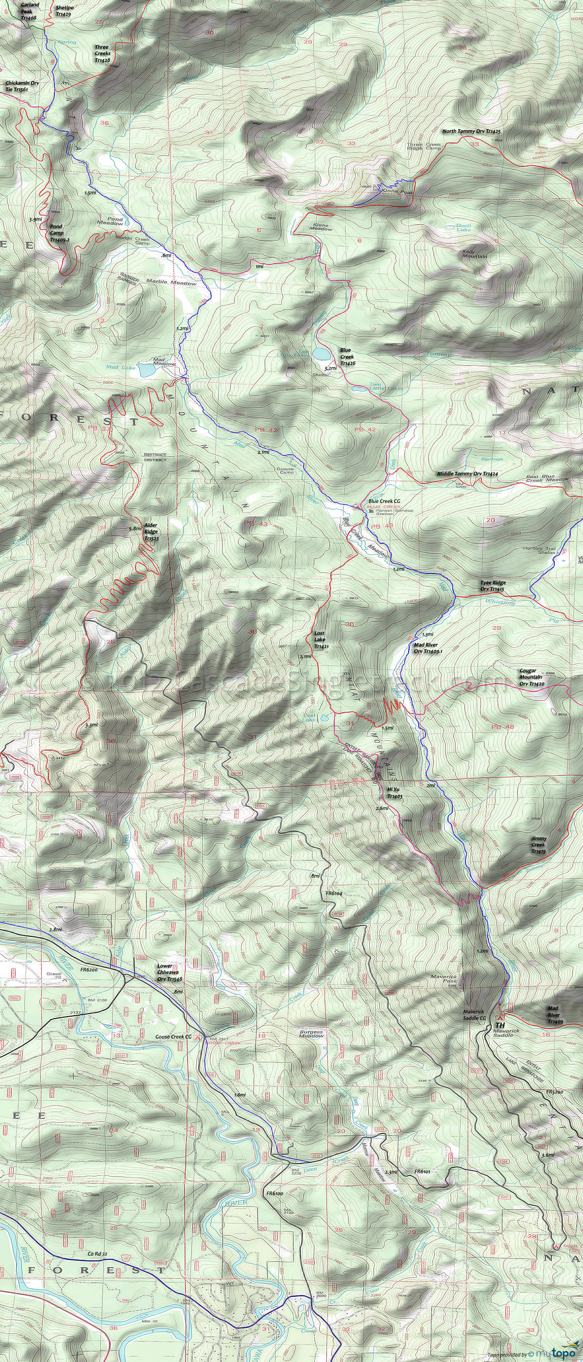 Alder Ridge Trail 1523, Blue Creek Trail 1426, Chiwawa Trail 1548, Garland Peak Trail 1408, Hi Yu Trail 1403, Lost Lake Trail 1421, Mad River Trail 1409, Pond Camp Trail 1409.2 Area Topo Map
