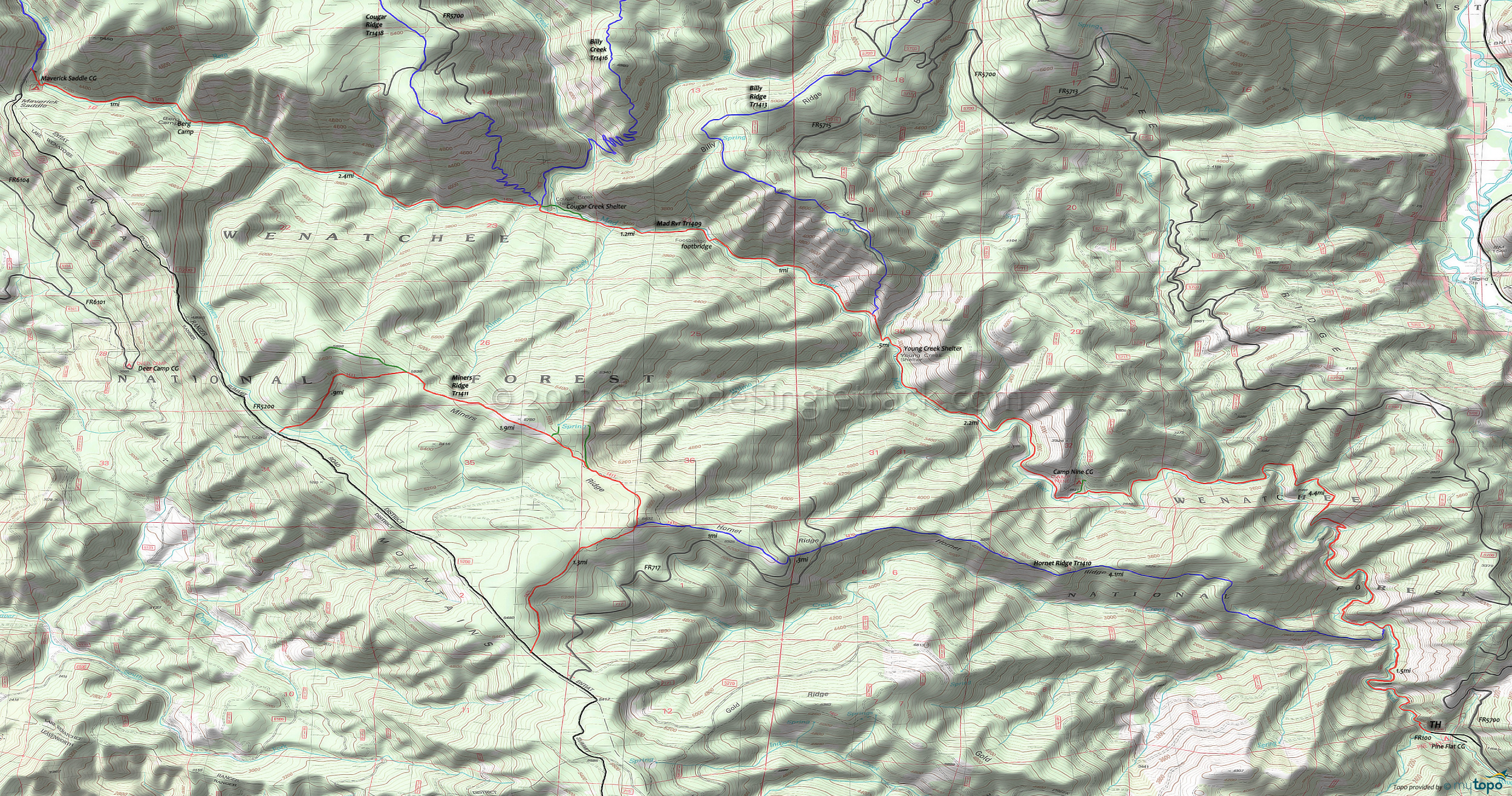 Hornet Ridge Trail 1410, Mad River Orv Trail 1409, Miners Ridge Trail 1411 Area Topo Map