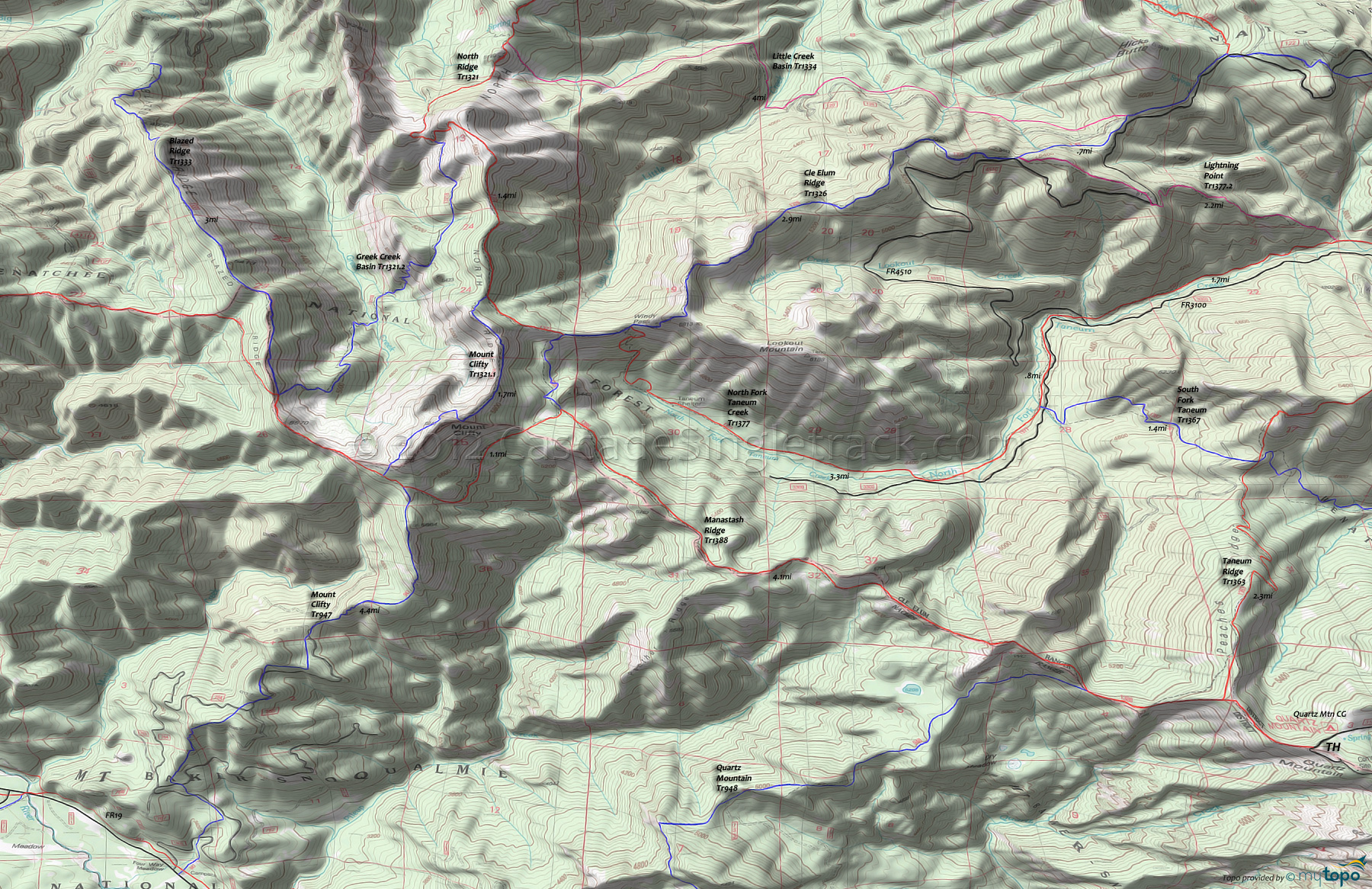 Blazed Ridge Trail 1333, Manastash Ridge Trail 1388, Mount Clifty Trail 1321.1, Cle Elum Ridge Trail 1326, Greek Creek Basin Trail 1321.2 Area Topo Map