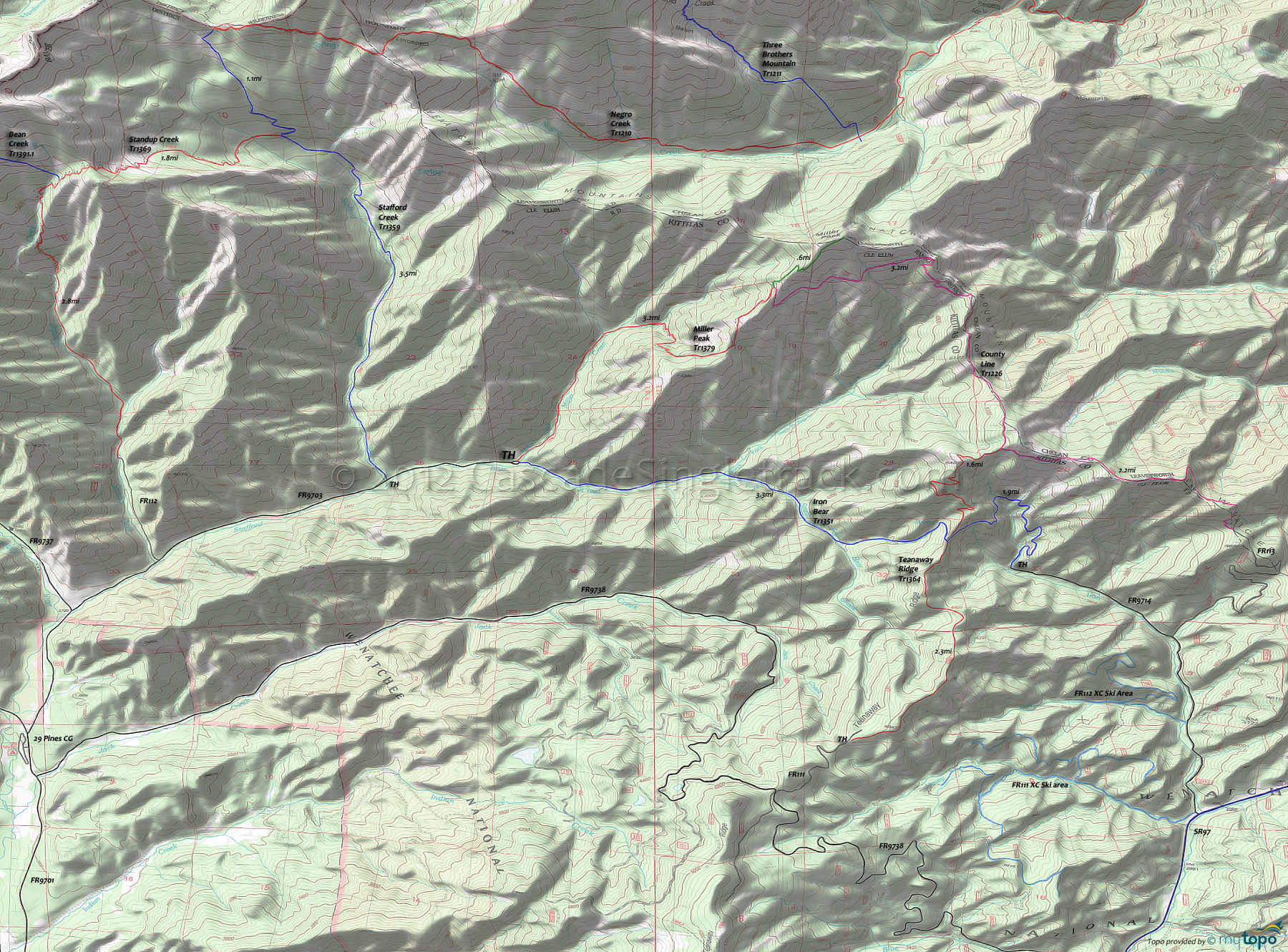 County Line Trail 1226, Iron Bear Trail 1351, Miller Peak Trail 1379, Stafford Creek Tr1359, Standup Creek Trail 1369, Teanaway Ridge Trail 1364 Area Topo Map