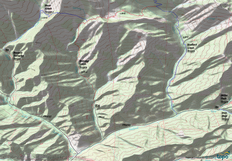 Bean Creek Trail 1391.1,Stafford Creek Tr1359, Standup Creek Trail 1369 Area Topo Map