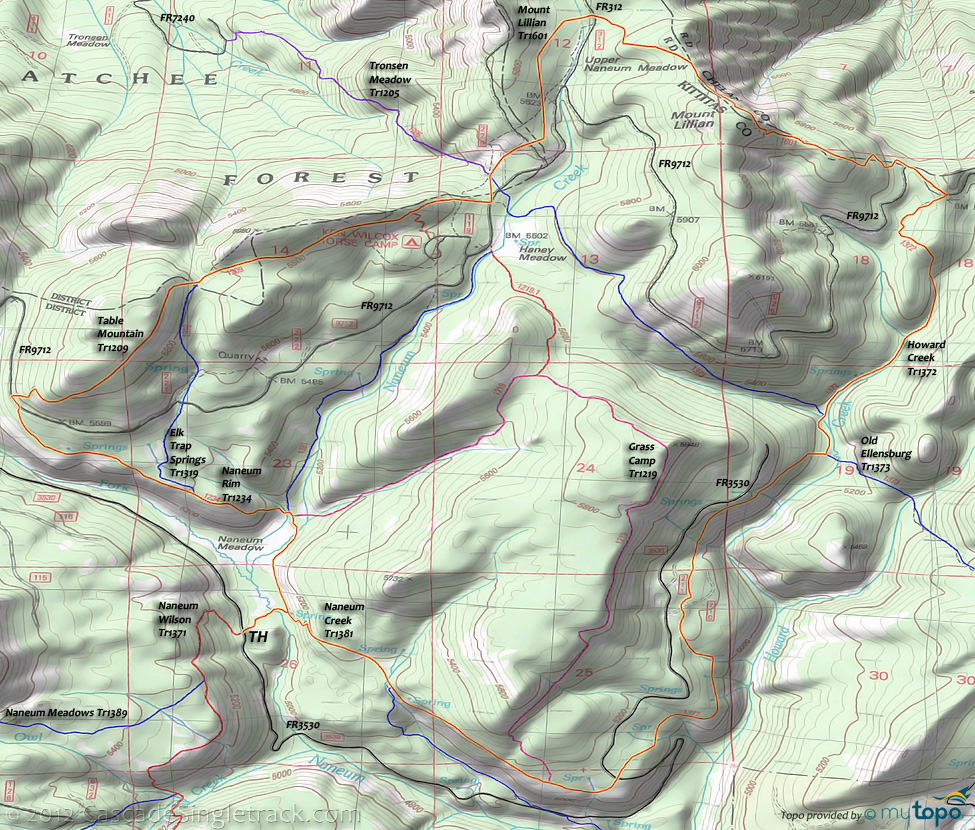 Elk Trap Springs Trail 1319, Grass Camp Trail 1219, Howard Creek Trail 1372, Mount Lillian Trail 1601, Naneum Creek Trail 1381, Naneum Rim Trail 1234, Table Mountain Trail 1209 Area Topo Map