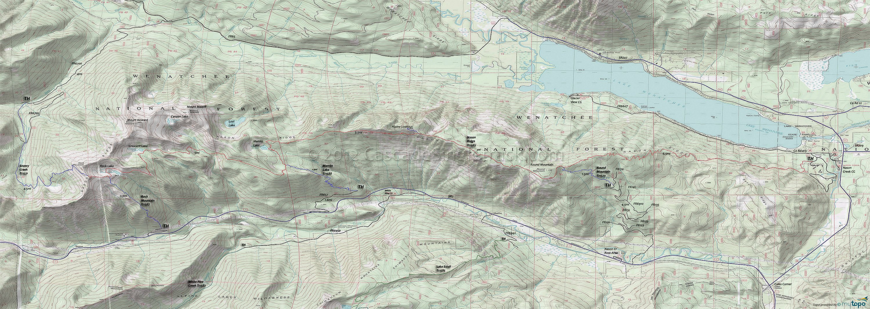 Merritt Lake Trail 1588, Nason Ridge Trail 1583, Rock Mountain Trail 1587, Round Mountain Trail 1529, Snowy Creek Trail 1531 Area Topo Map