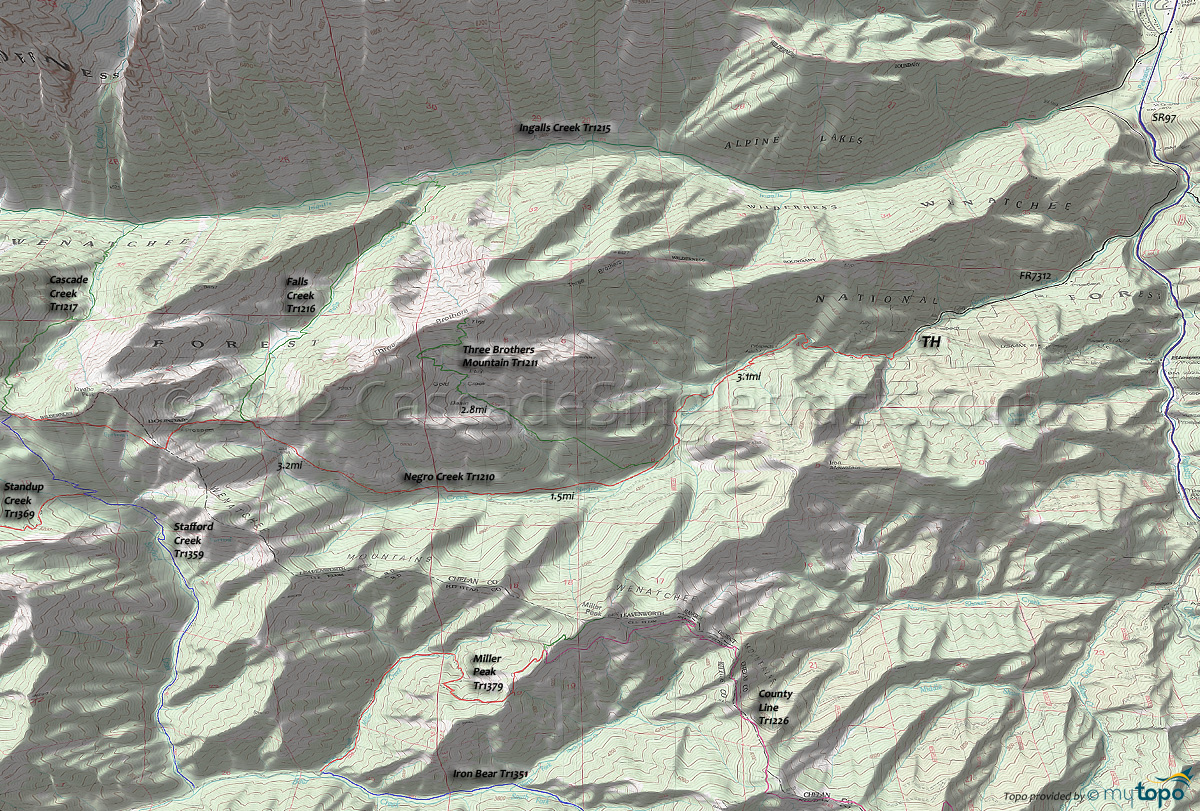 Cascade Creek Trail 1217, Falls Creek Trail 1216, Ingalls Creek Trail 1215, Negro Creek Trail 1210, Three Brothers Mountain Trail 1211 Area Topo Map