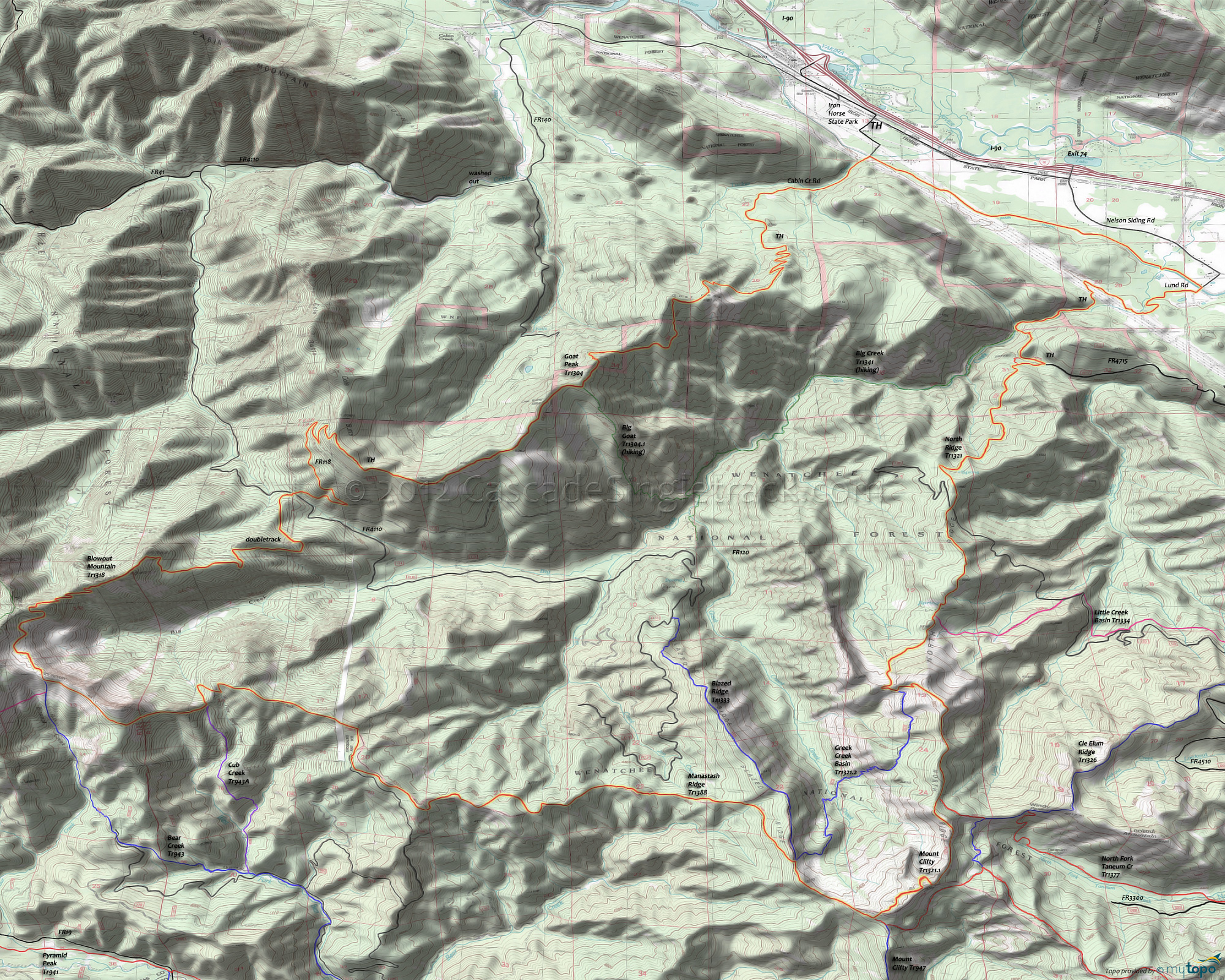 Big Creek Trail 1341, Big Goat Trail 1304.1, Blazed Ridge Trail 1333, Blowout Mountain Trail 1318, North Ridge Trail 1321, Goat Peak Trail 1304, Granite Creek Trail 1326.1, Greek Creek Basin Trail 1321.2, Mount Clifty Trail 1321.1 Area Topo Map