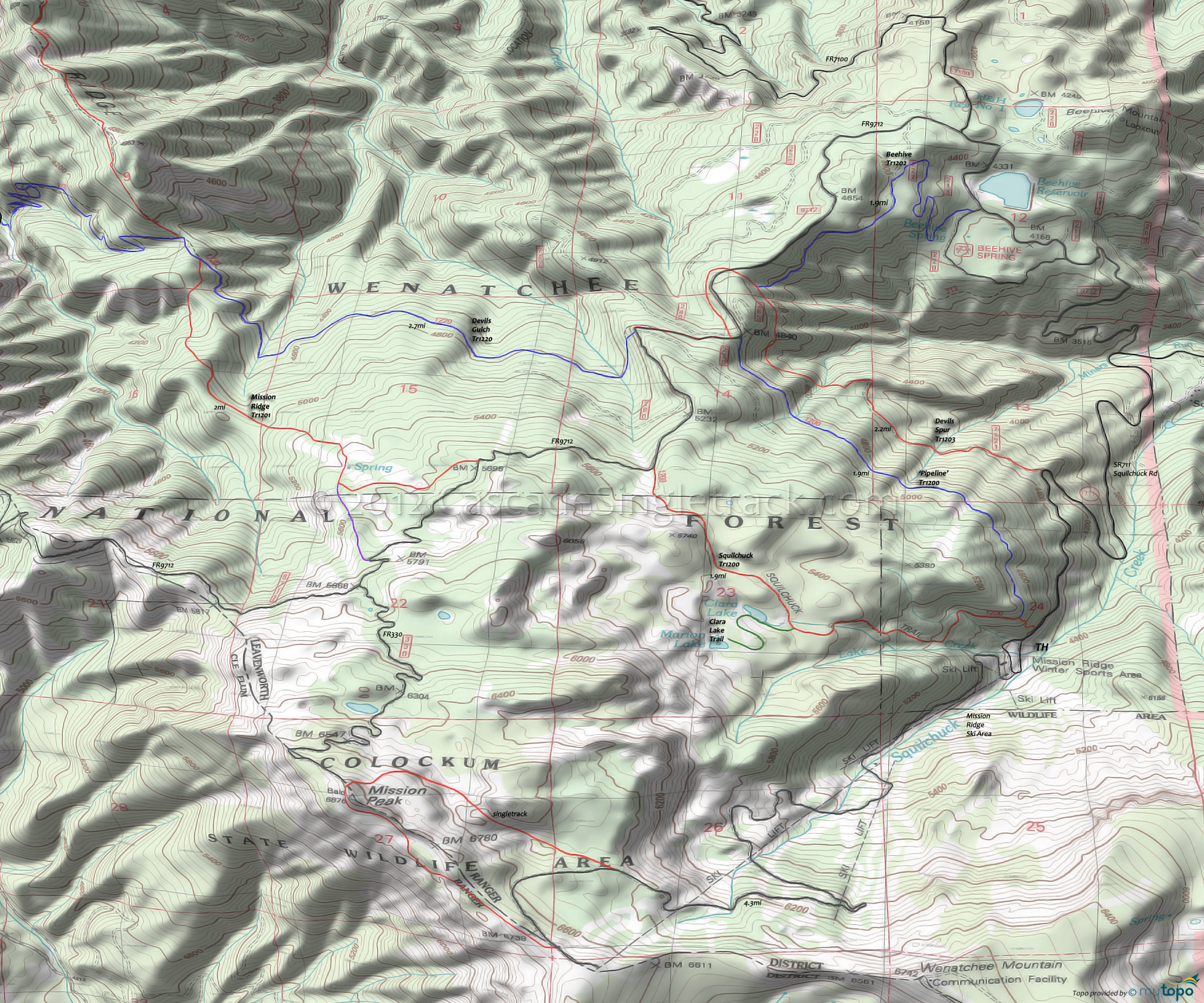 Beehive Trail 1202, Clara Lake Trail, Devils Gulch Trail 1220, Devils Spur Trail 1203, Mission Ridge Trail 1201, Mission Peak Trail, Squilchuck Trail 1200 Area Topo Map