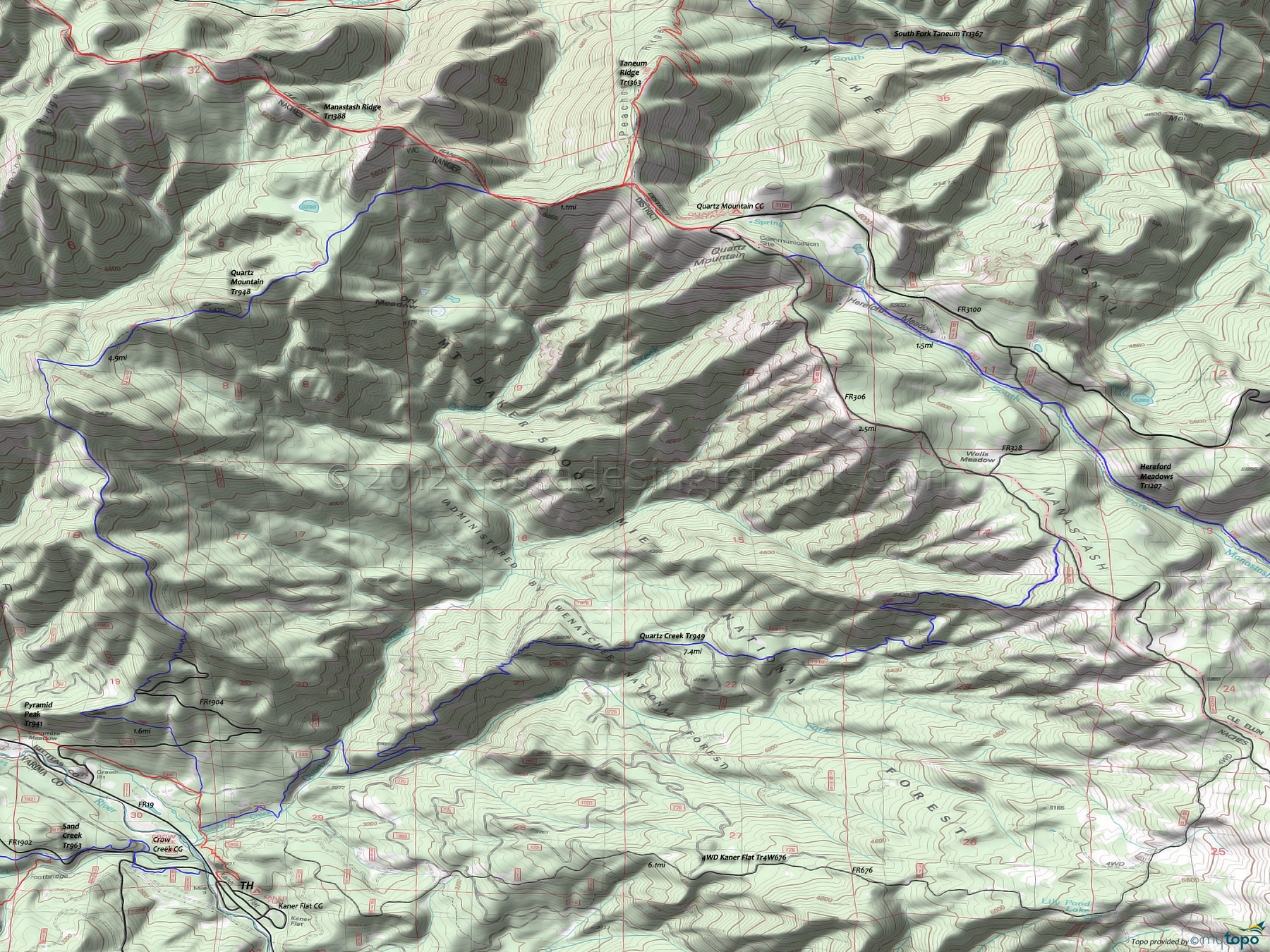 Manastash Ridge Trail 1388, Pyramid Peak Trail 941, Quartz Creek Trail 949, Quartz Mountain Trail 948 Area Topo Map