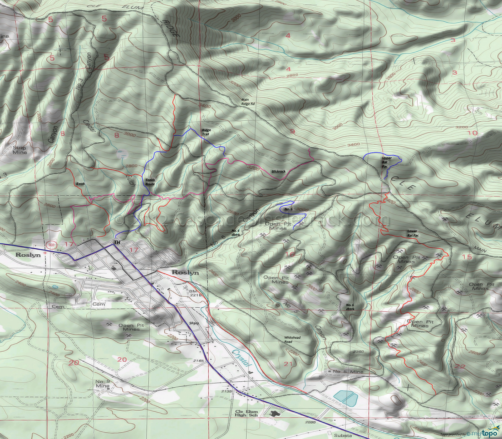 Ewok Trail, Lower Connector Trail, Lower Rat Pac Trail, Number 6 Trail, Ridge Trail, Slickrock Trail, Todds Route, Upper Rat Pac Trail Area Topo Map