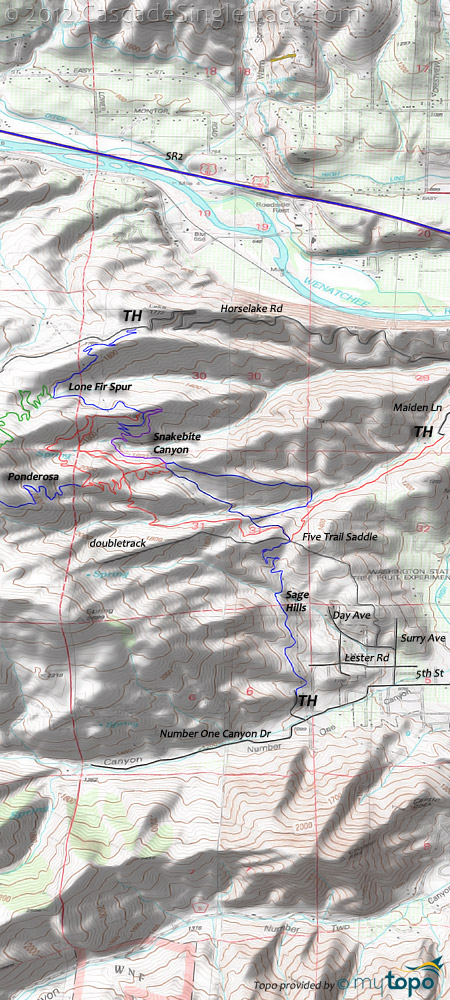 Sage Hills, Horsehead Lake, Ponderosa, Lone Fir Spur, Snakebite, Maiden Trails Topo Map