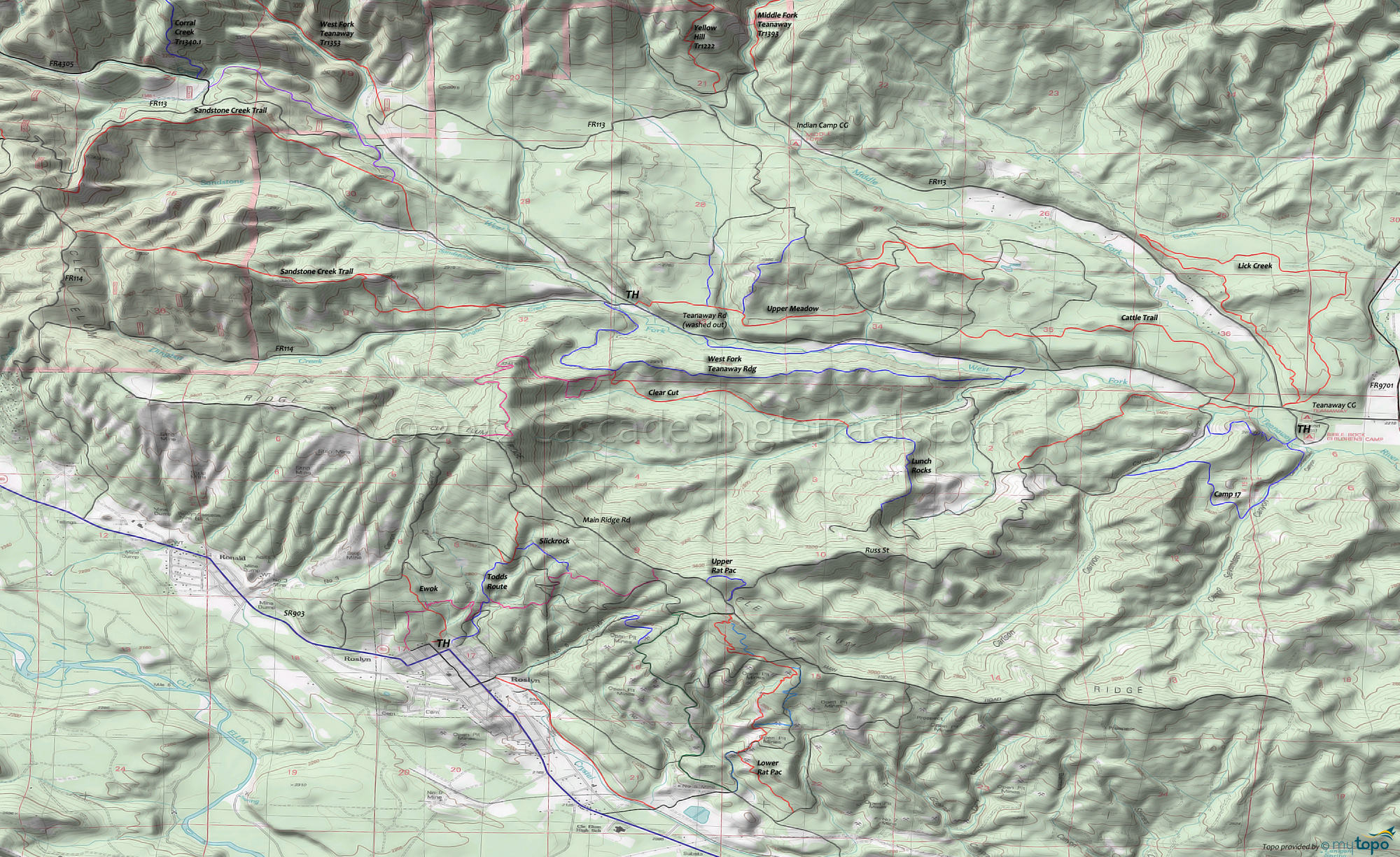Camp 17 Trail, Cattle Trail, Lick Creek Trail, Lunch Rocks Trail, Sandstone Creek Trail, Upper Meadow Trail, West Fork Teanaway Ridge Trail Area Topo Map