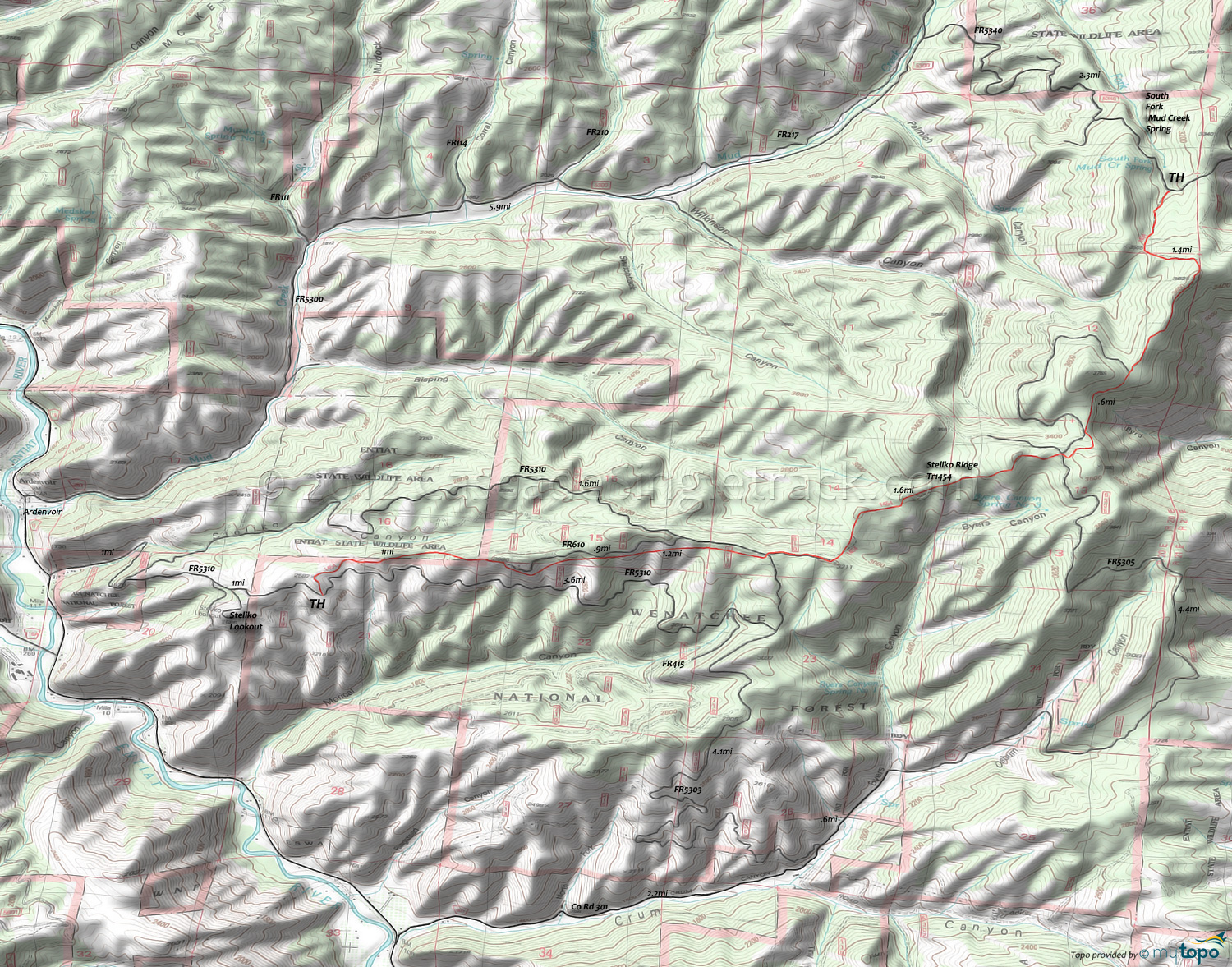 Steliko Ridge Trail 1454 Area Topo Map
