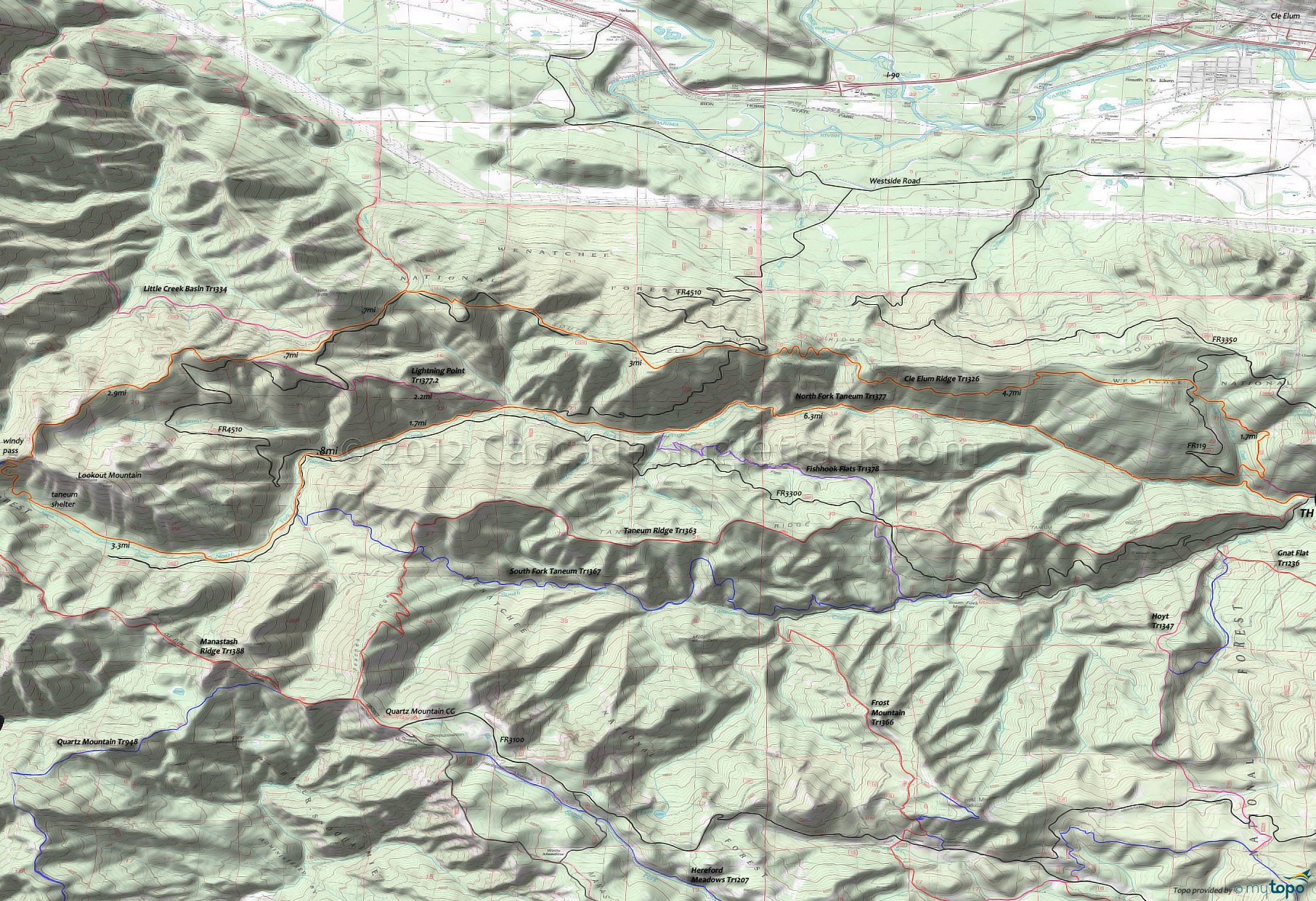 Cle Elum Ridge Trail 1326, Fishhook Flats Trail 1378, Frost Mountain Trail 1366, Gnat Flat Trail 1236, Hoyt Trail 1347, Lightning Point Trail 1377.2, North Fork Taneum Trail 1377, Taneum Ridge Trail 1363, South Fork Taneum Trail 1367 Area Topo Map