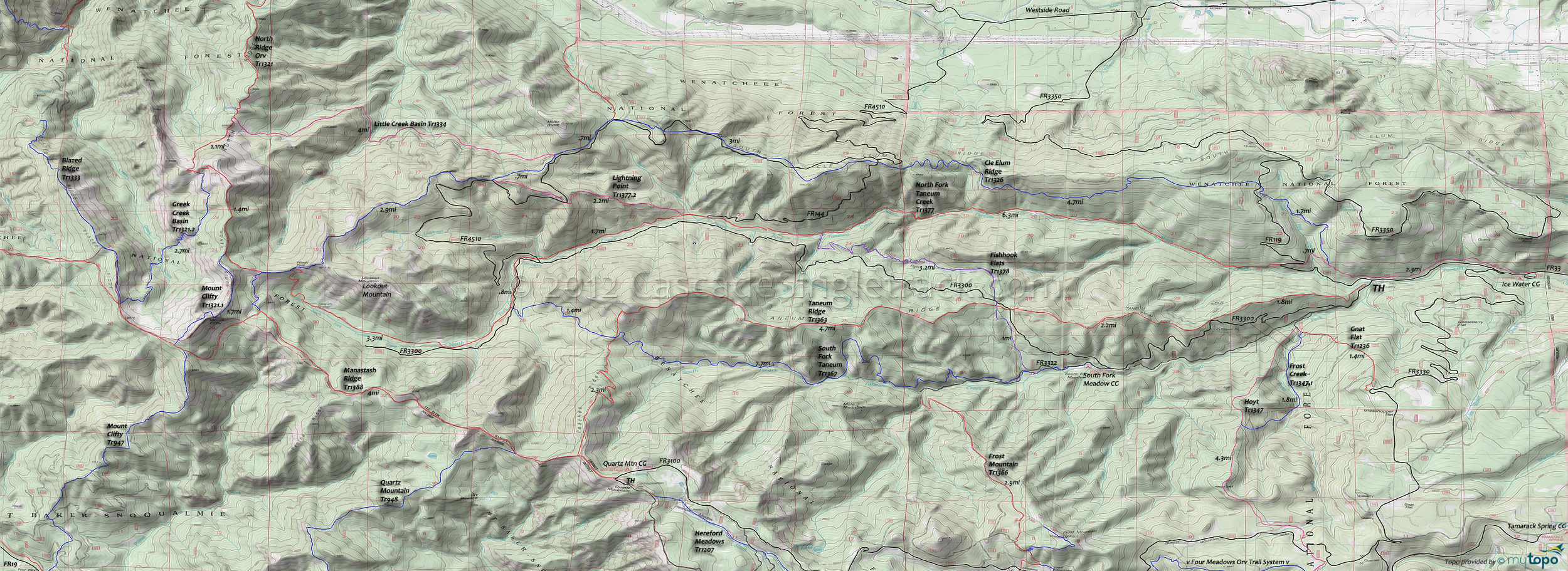 Cle Elum Ridge Trail 1326, Fishhook Flats Trail 1378, Lightning Point Trail 1377.2, Little Creek Basin Trail 1334, Manastash Ridge Trail 1388, North Fork Taneum Trail 1377, Taneum Ridge Trail 1363, South Fork Taneum Trail 1367 Area Topo Map