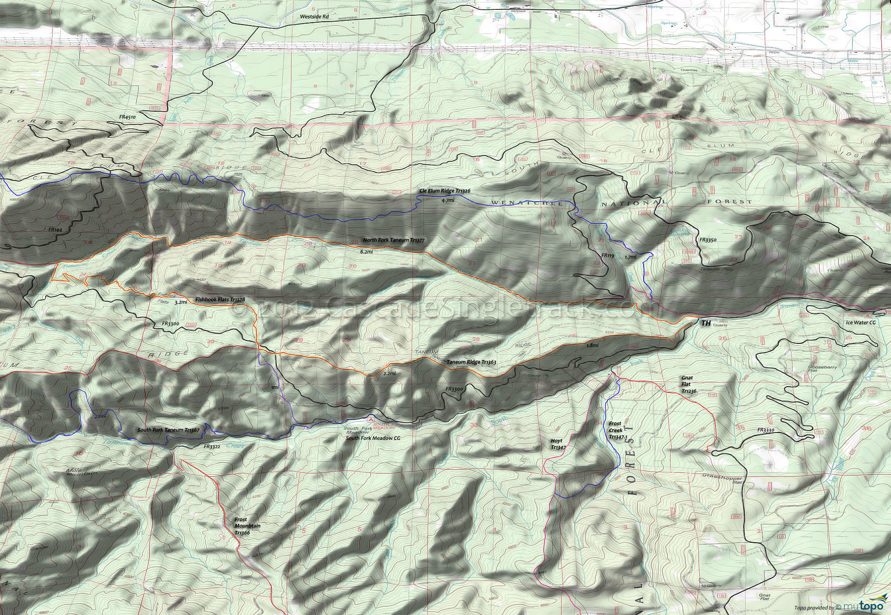 Cle Elum Ridge Trail 1326, Fishhook Flats Trail 1378, Frost Creek Trail 1347.1, Gnat Flat Trail 1236, Lightning Point Trail 1377.2, North Fork Taneum Trail 1377, Taneum Ridge Trail 1363 Area Topo Map