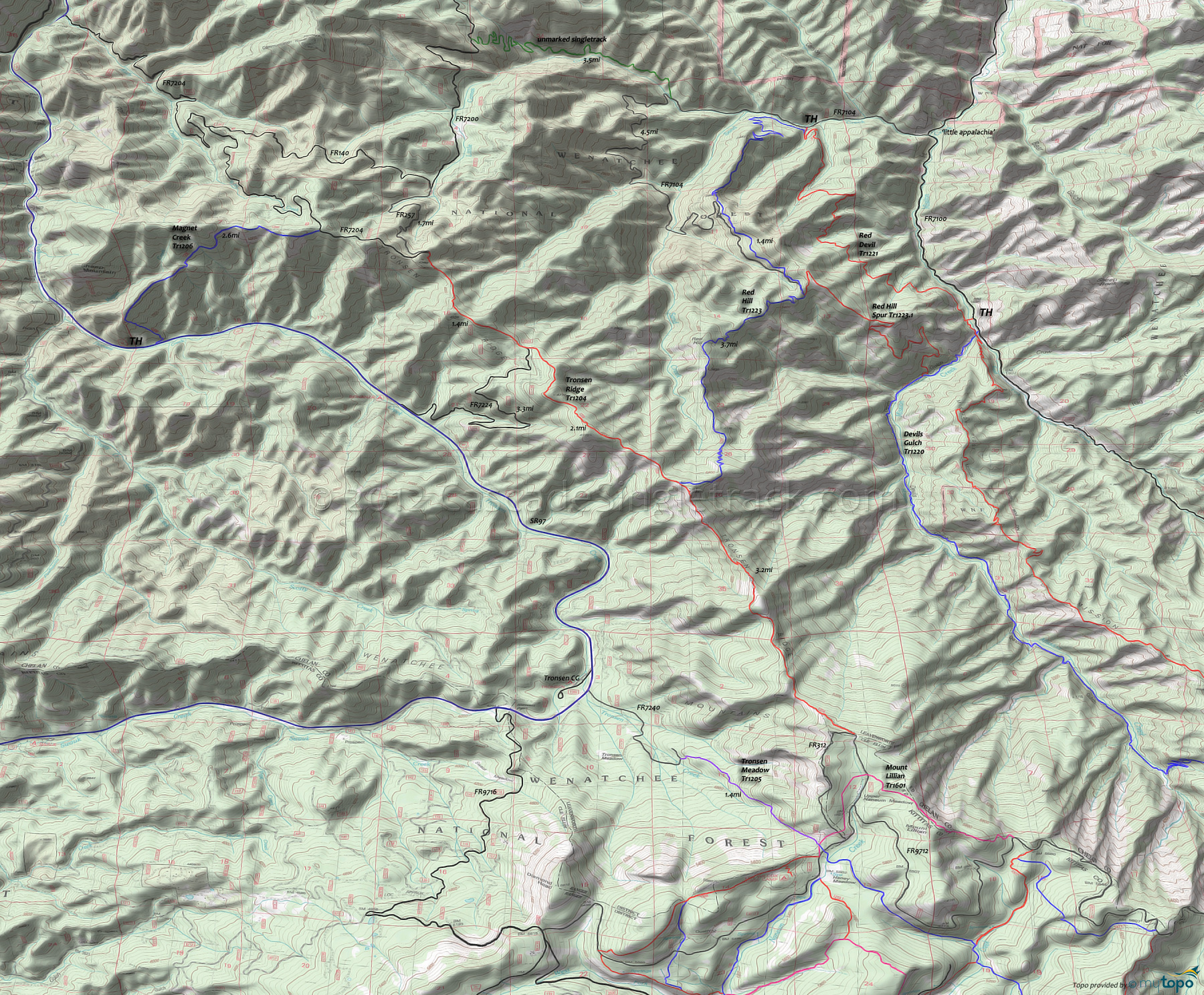 Devils Gulch Trail 1220, Magnet Creek Trail 1206, Red Devil Trail 1221, Red Hill Trail 1223, Red Hill Spur Trail 1223.1, Tronsen Meadow Trail 1205, Tronsen Ridge Trail 1204 Area Topo Map