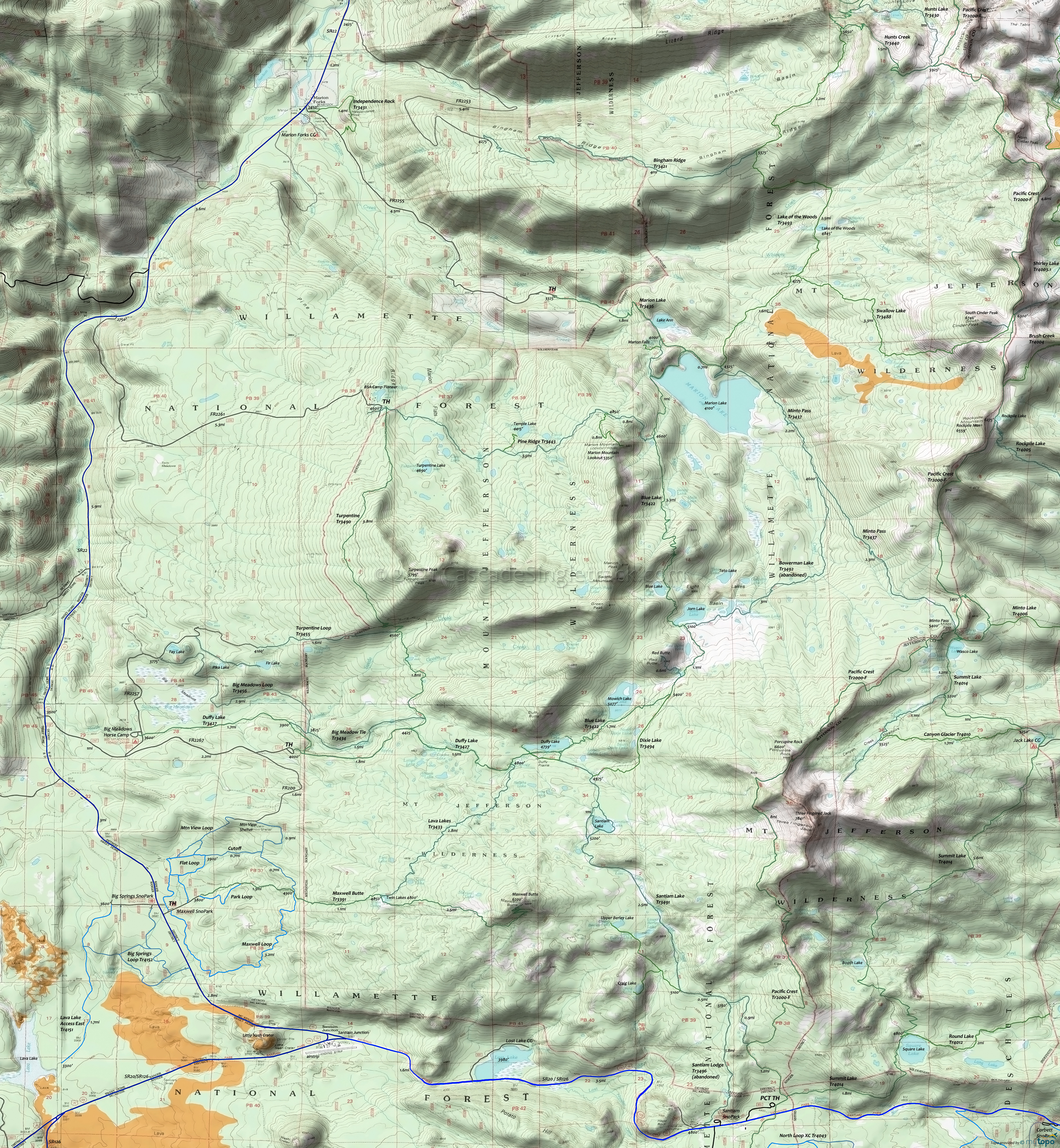 Blue Lake Trail 3422, Bowerman Lake Trail 3492, Clark Creek Nature Trail 3456, Dixie Trail 3494, Duffy Lake Trail 3427, Maxwell Butte Trail 3391, Minto Pass Trail 3437, Pine Ridge Trail 3443, Santiam Trail 3491, Santiam Lodge Trail 3496, Turpentine Trail 3490 Area Topo Map