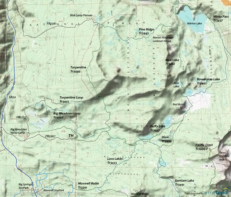Maxwell Butte, Marion Lake, Santiam, Turpentine, Duffy Lake, Blue Lake Trail #3422 Topo Map