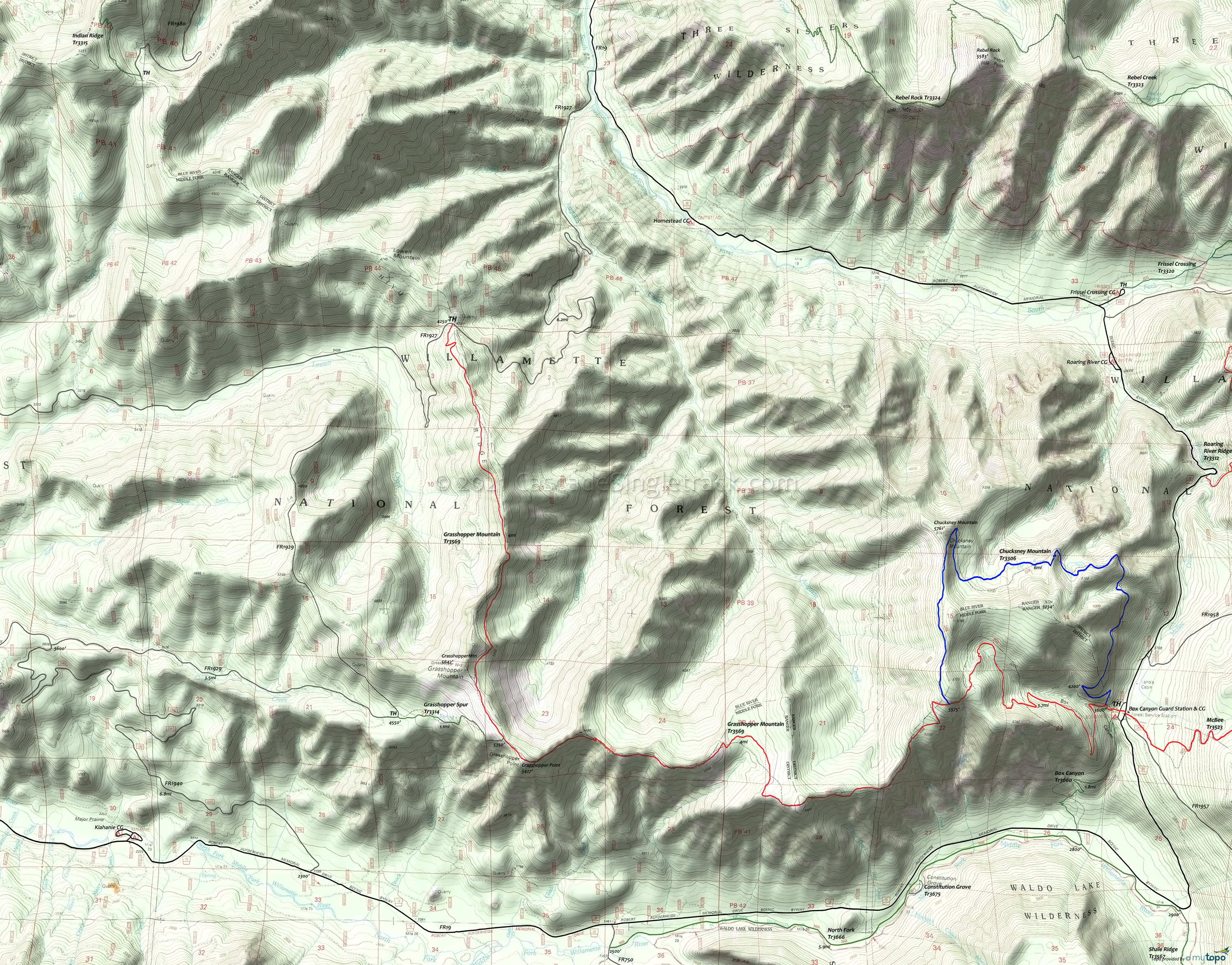 Box Canyon Trail 3660, Chucksney Mountain Trail 3306, Grasshopper Mountain Trail 3569, Grasshopper Spur Trail 3314, McBee Trail 3523 Area Topo Map