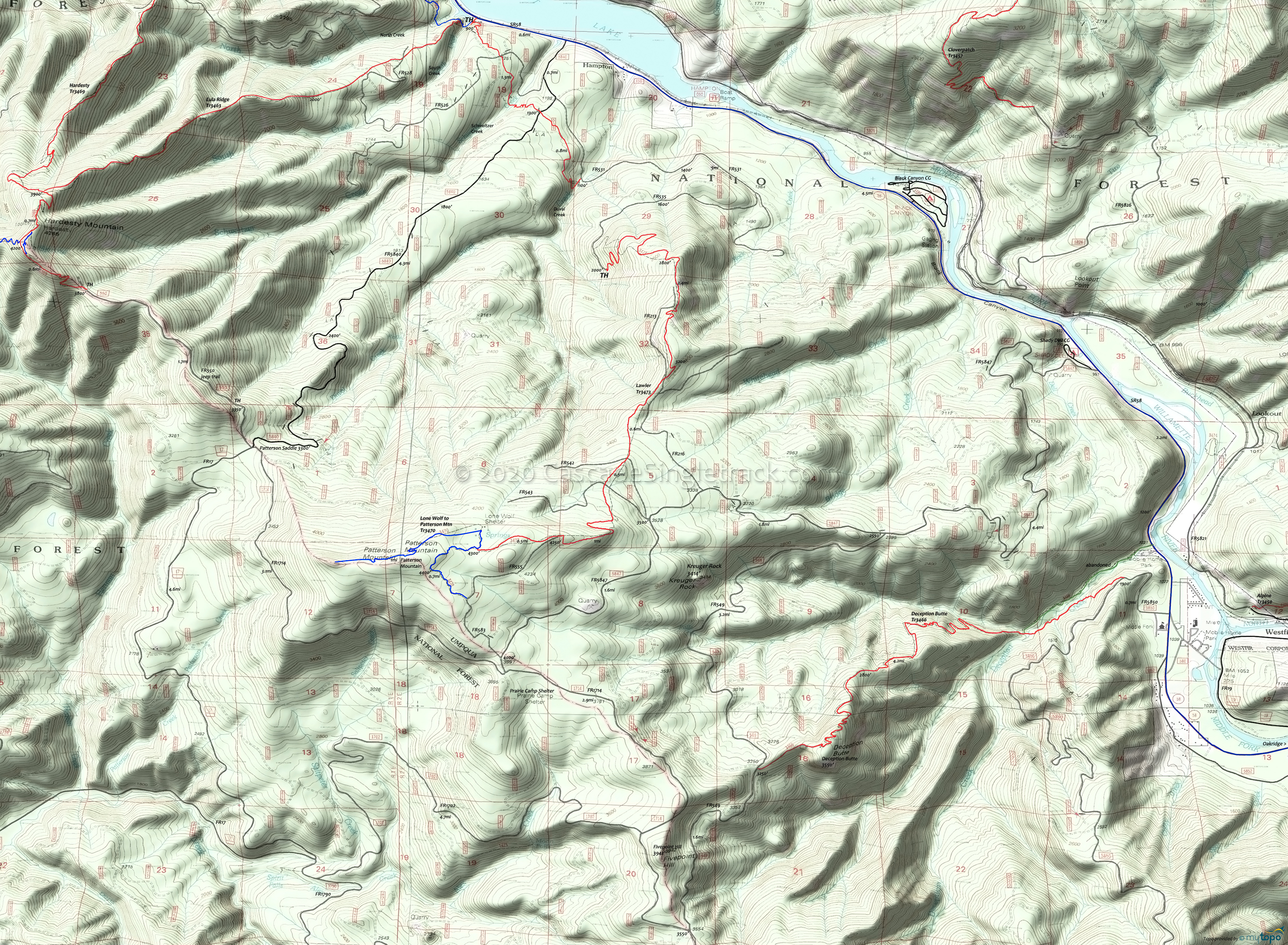 Deception Butte Trail 3466, Lawler Trail 3473, Lone Wolf-Patterson Mountain Trail 3470 Area Topo Map
