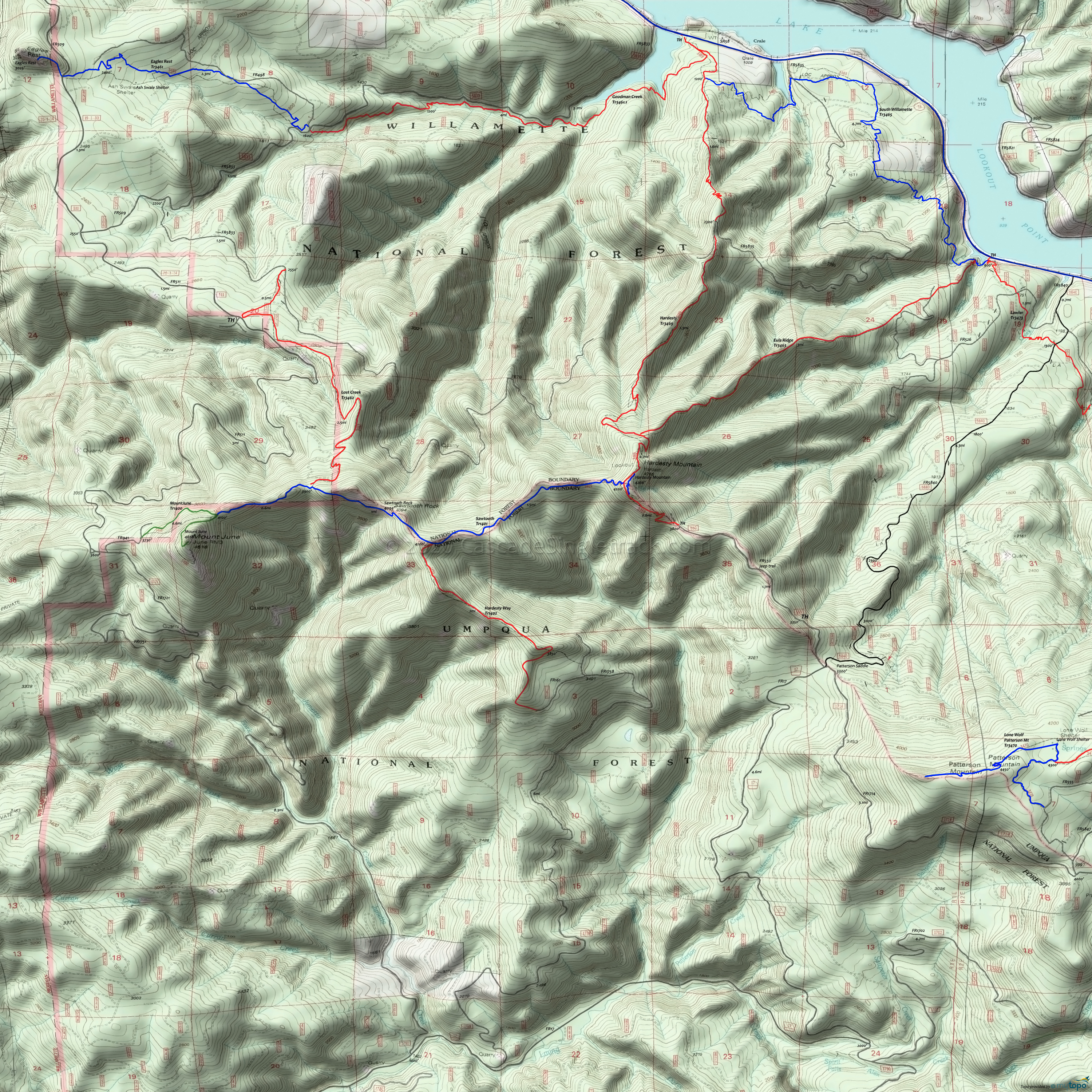 Eagles Rest Trail 3461, Eula Ridge Trail 3463, Goodman Creek Trail 3461.1, Hardesty Trail 3469, Hardesty Way Trail 1402, Lost Creek Trail 3462, Mount June Trail 1400, Sawtooth Trail 1401, South Willamette Trail 3465 Area Topo Map