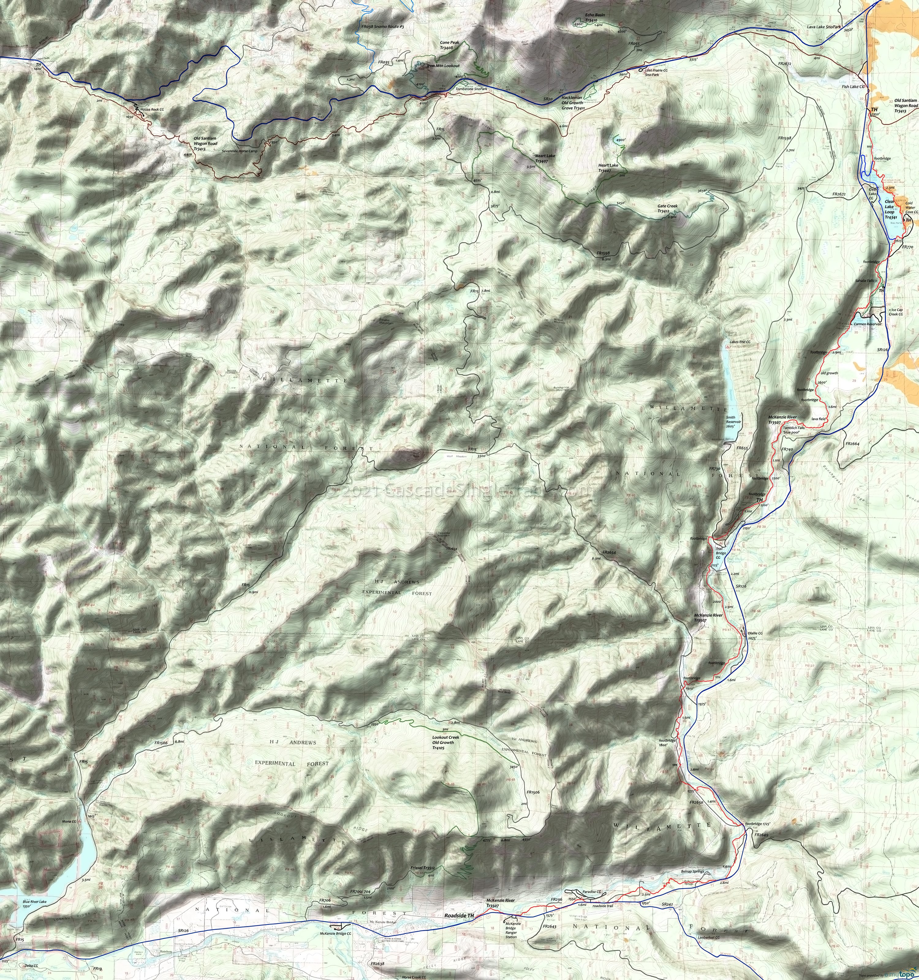 Clear Lake Loop Trail 3507.2, McKenzie River Trail 3507, Waterfalls Loop Trail 3503 Area Topo Map