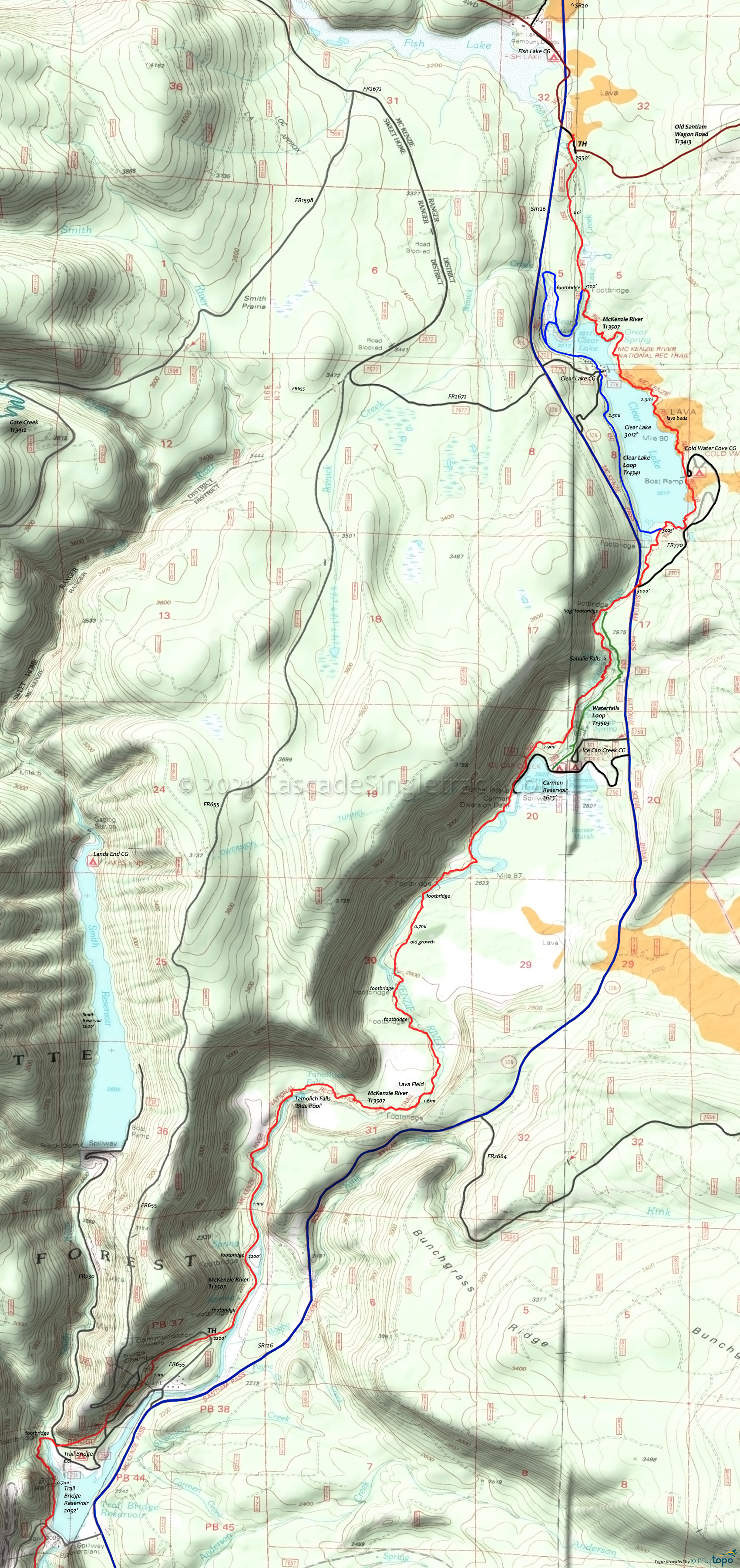 Clear Lake Loop Trail 3507.2, McKenzie River Trail 3507, Waterfalls Loop Trail 3503 Area Topo Map