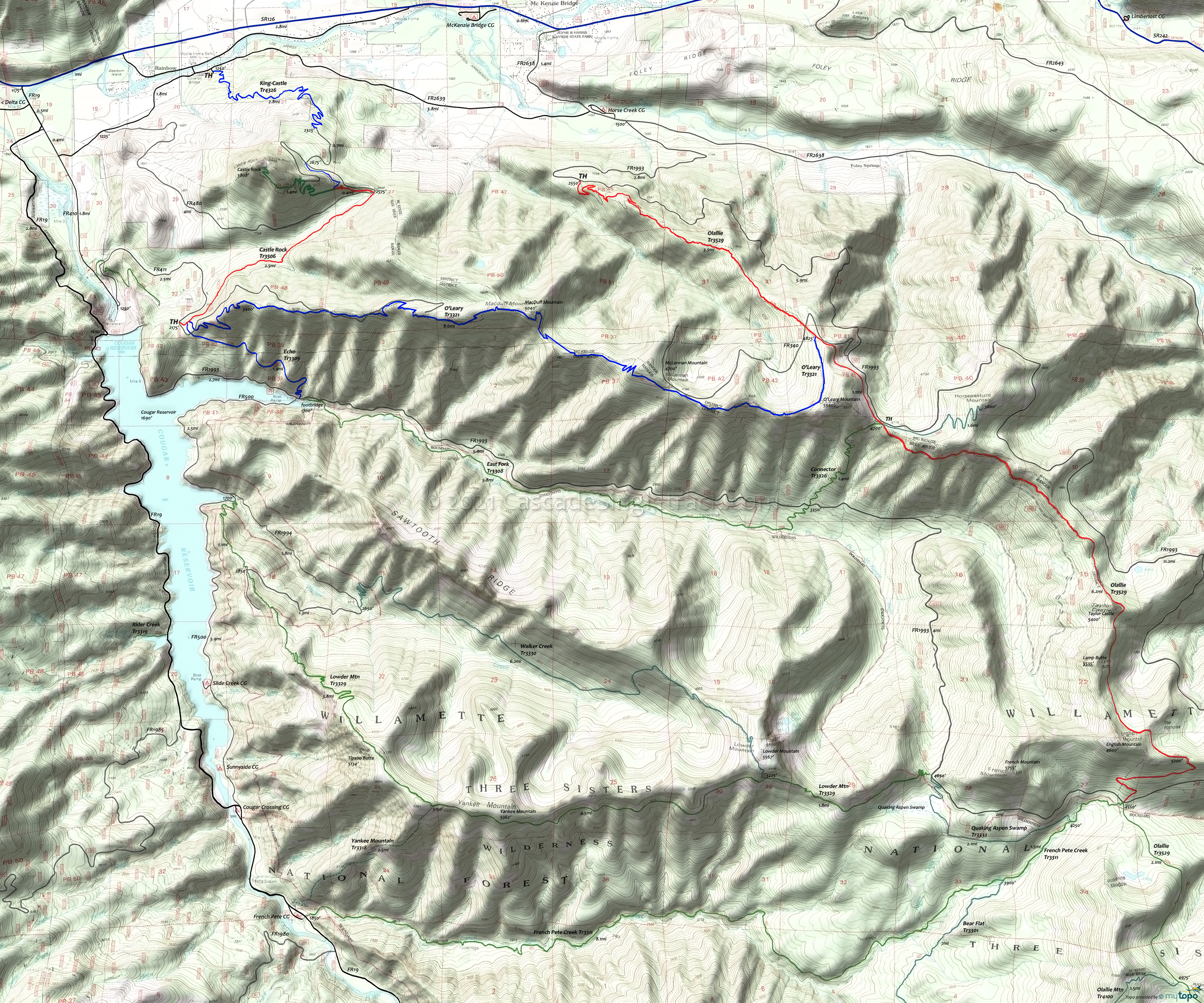 Castle Rock Trail 3506, East Fork Trail 3308, East Fork-Ollalie Connector Trail 3326, Echo Trail 3309, King-Castle Trail 4326, O'Leary Trail 3321, Olallie Trail 3529 Area Topo Map