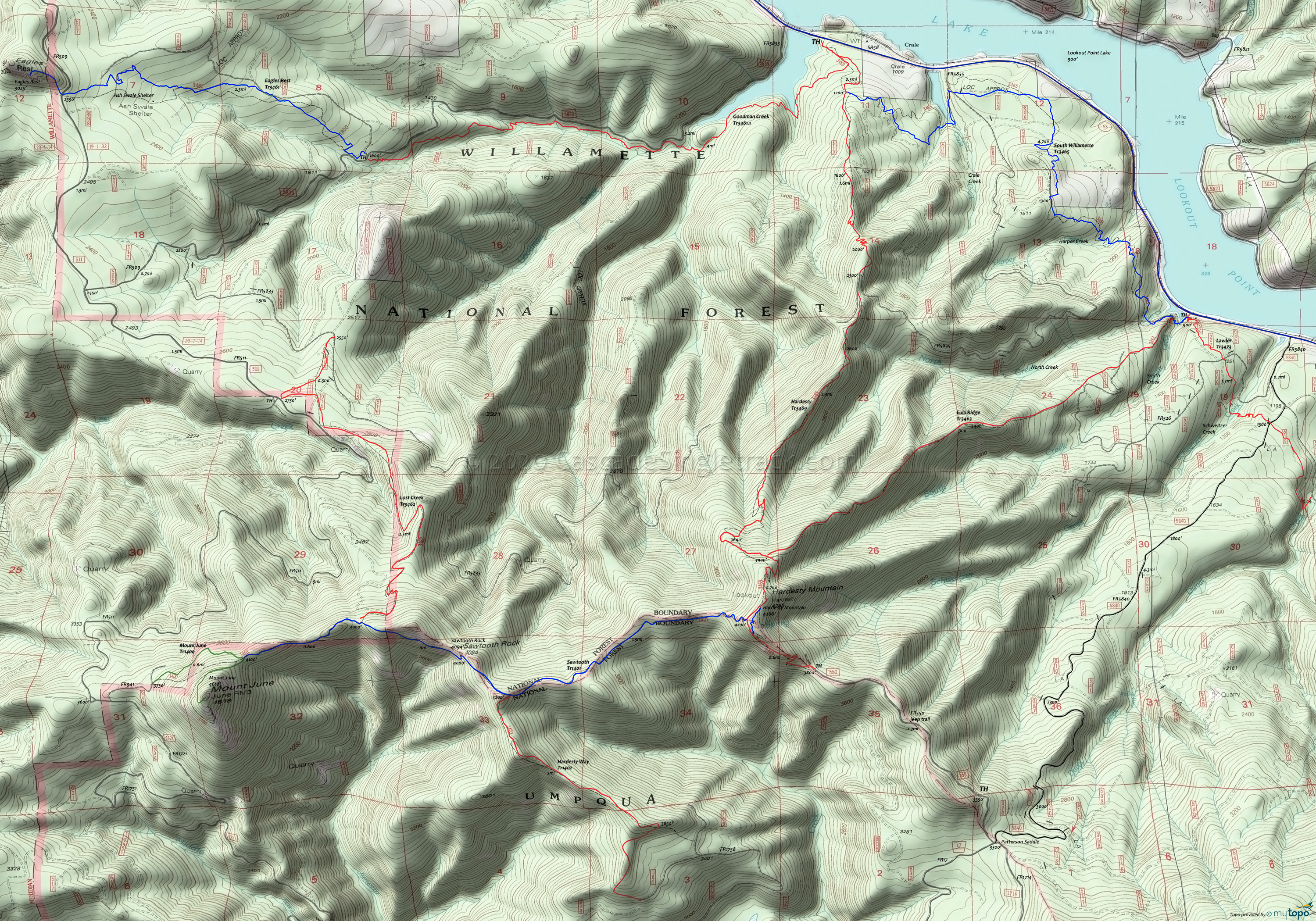 Goodman Creek Trail 3461.1, Lawler Trail 3473, South Willamette Trail 3465 Area Topo Map