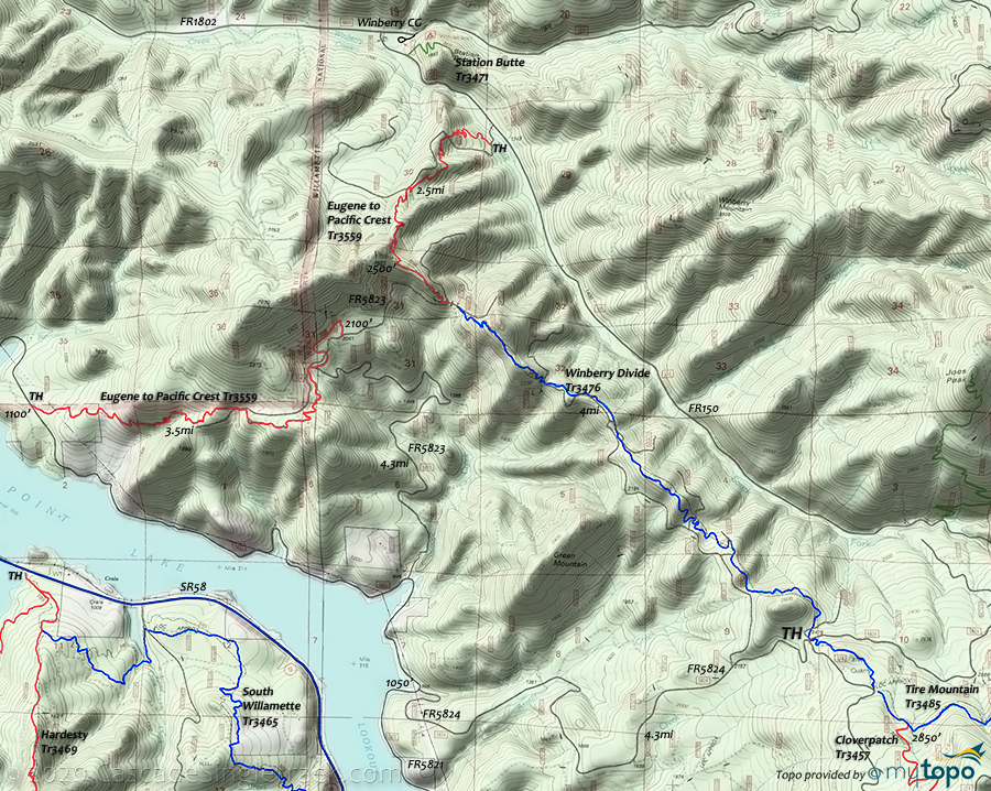 View of Eugene-to-Crest and Winberry Trail Topo Map