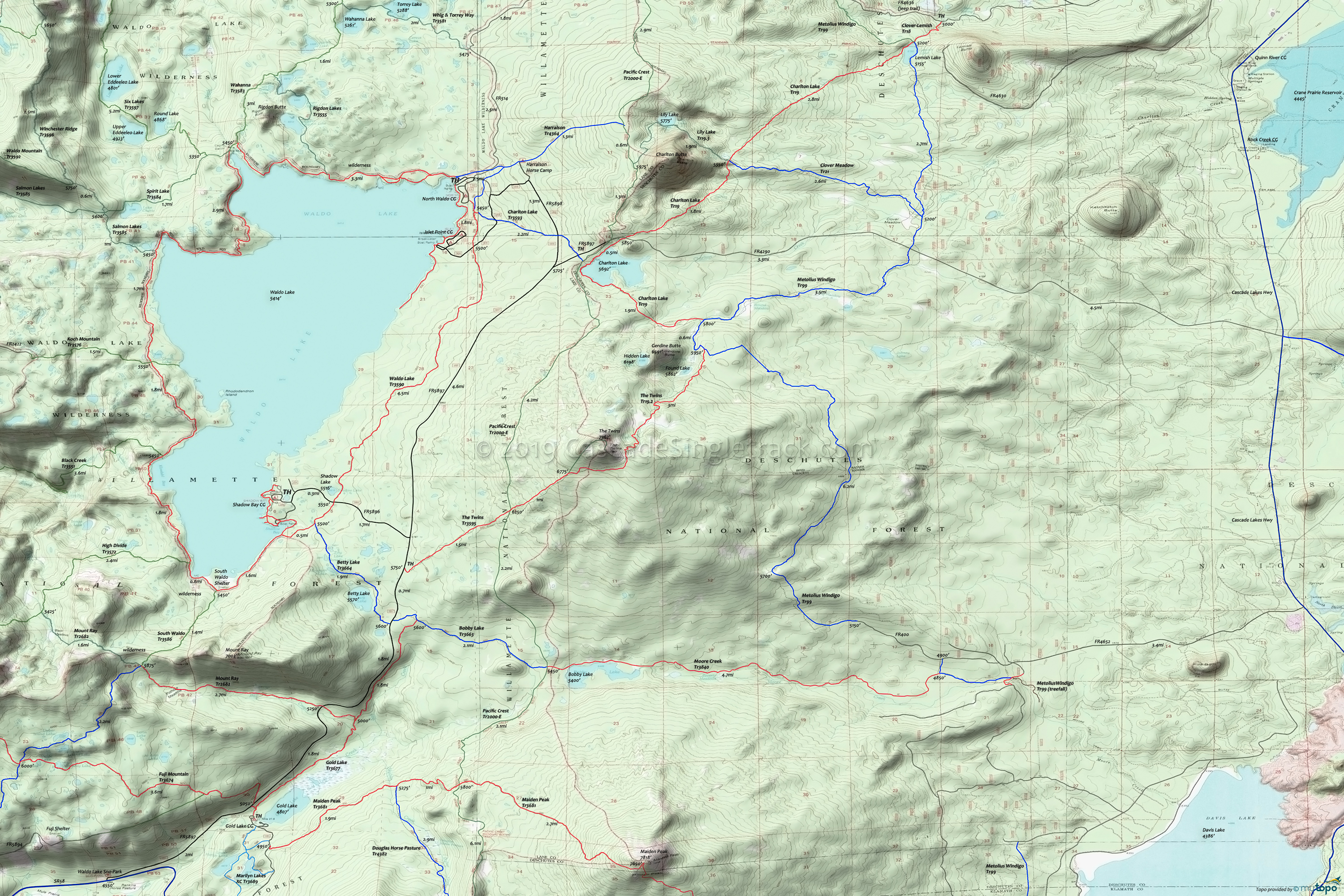 Betty Lake Trail, Black Creek Trail, Blair Lake Trail, Bobby Lake Trail, Koch Mountain Trail, Lily Lake Trail, The Twins Trail, Wahanna Trail, Waldo Lake Trail Area Topo Map