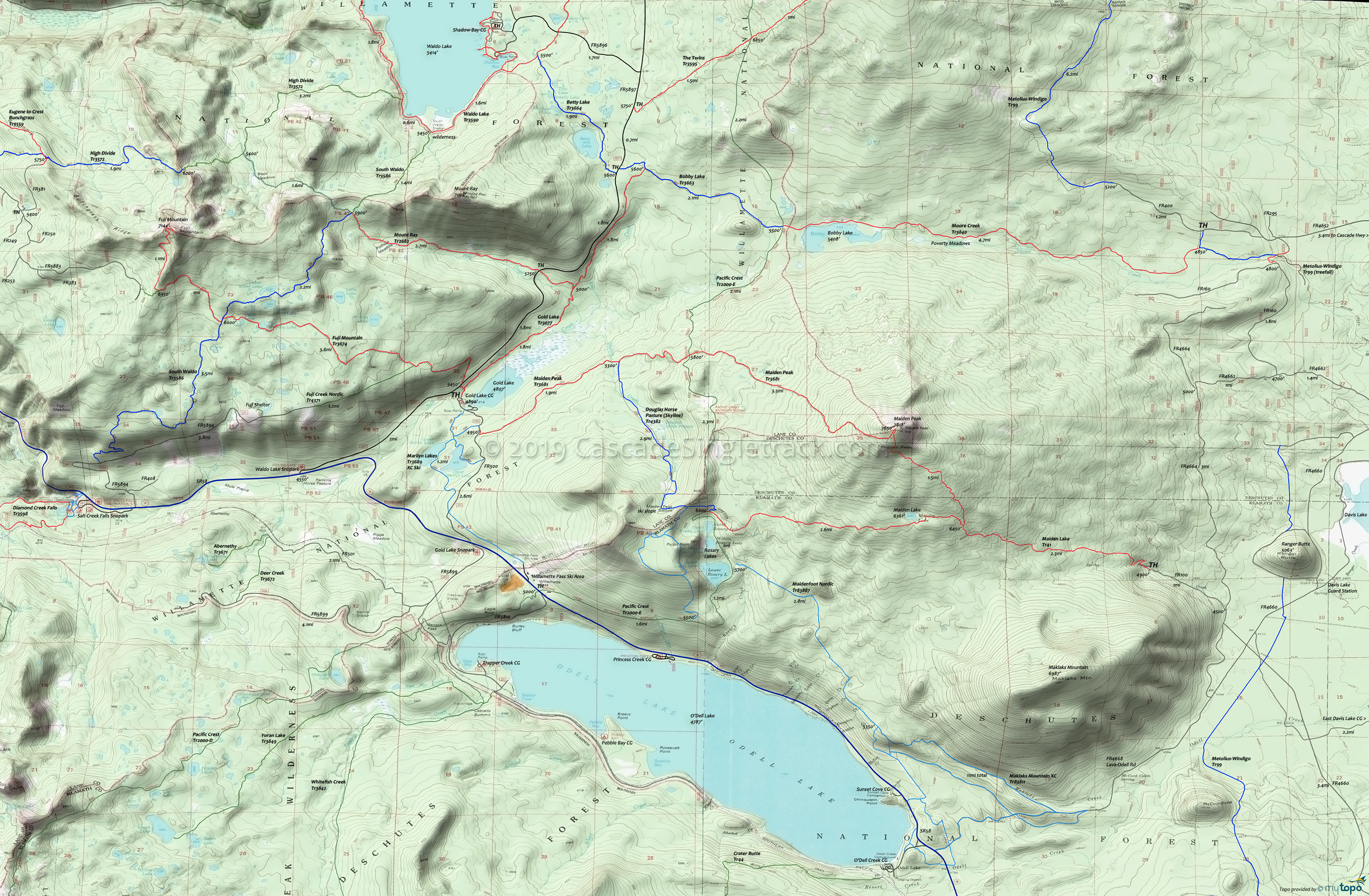 Douglas Horse Pasture Trail 4382, Fuji Mountain Trail 3674, Gold Lake Trail 3677, Maiden Lake Trail 41, Maiden Peak Trail 3681, Metolius-Windigo Trail 99, Moore Creek Trail 3840, Mount Ray Trail 2682, South Waldo Lake Trail 3586 Area Topo Map