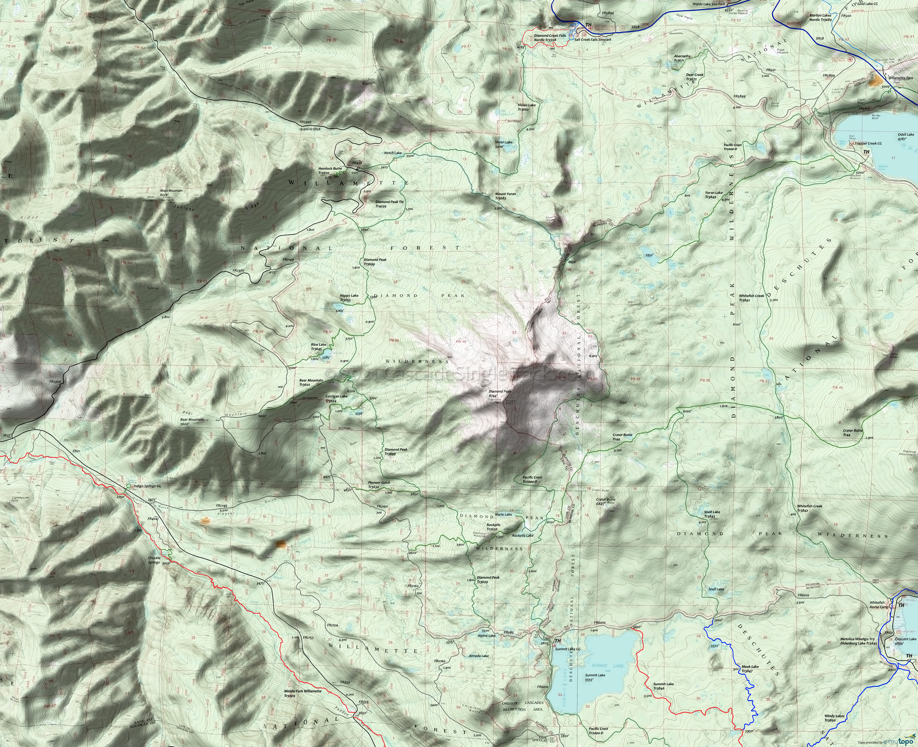 Bear Mountain Trail 3602, Blue Lake Trail 3645, Corrigan Lake Trail 3654, Diamond Peak Trail 3699, Happy Lake Trail 3653, Mount Yoran Trail 3683, Pacific Crest Trail 2000-D, Pioneer Gulch Trail 3630, Rockpile Trail 3632 Area Topo Map