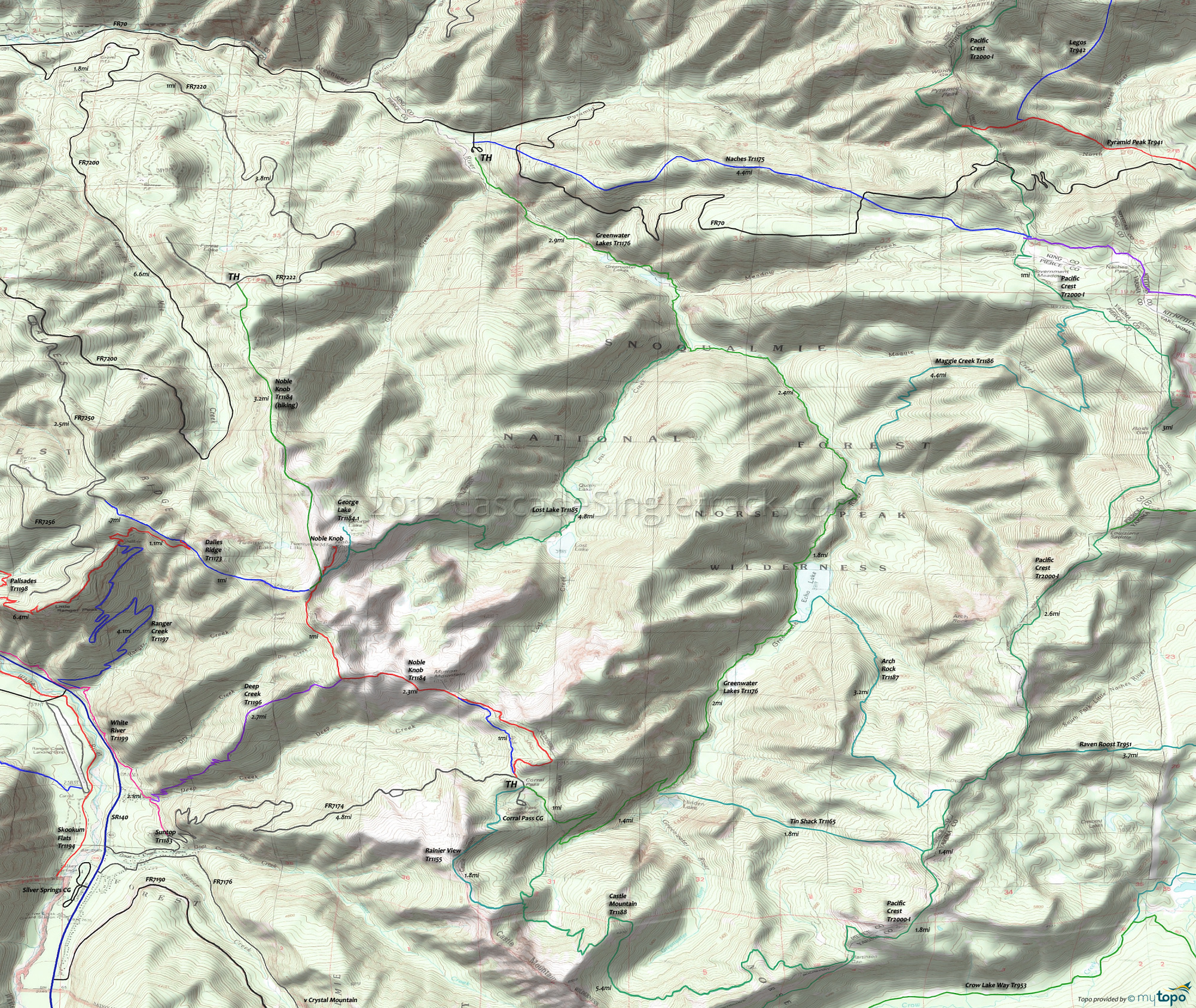 Arch Rock Trail 1187, Castle Mountain Trail 1188, Greenwater Lakes Trail 1176, Lost Lake Trail 1185, Maggie Creek Trail 1186, Naches Trail 1175, Pacific Crest Tr2000-I, Rainier View Trail 1155, Tin Shack Trail 1165 Trails Area Topo Map