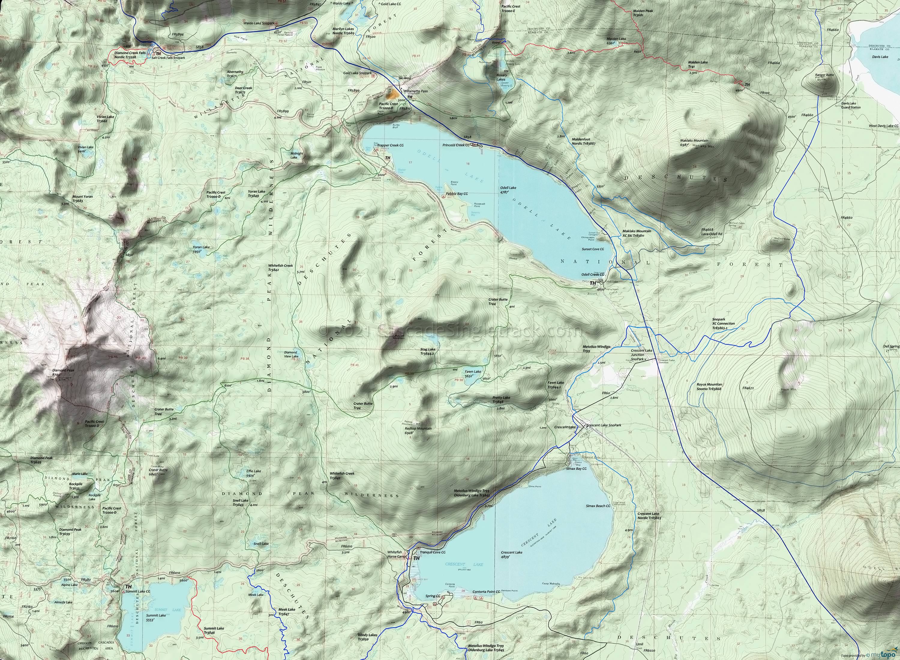 Crater Butte Trail 44, Fawn Lake Trail 3844.1, Pretty Lake Trail 3848, Snell Lake Trail 3843, Stag Lake Trail 3844.2, Whitefish Creek Trail 3842, Yoran Lake Trail 3849 Trails Area Topo Map