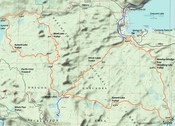 View of Oldenburg Lake, Summit Lake, Meek Lake, Windy Lakes Figure 8 Loop Topo Map