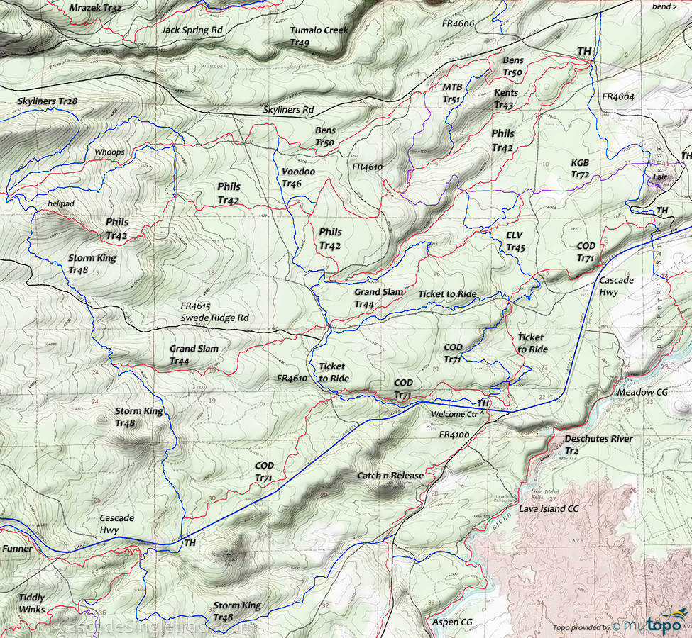 Phils Trail 42, COD Trail 71, KGB Trail 72, Grand Slam Trail 44, Voodoo Trail 46, Elfin Magic Trail 45 Topo Map