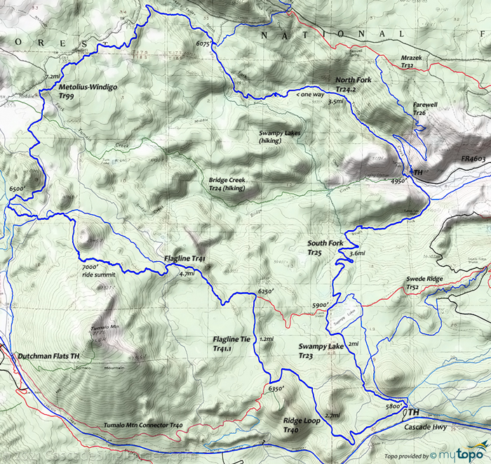 View of Swampy Lakes, Metolius-Windigo, Flagline, Dutchman CCW Loop Topo Map