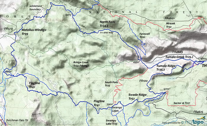 View of Tumalo Creek, North Fork, Swampy Lakes, Swede Ridge, Tumalo Ridge CCW Loop Topo Map