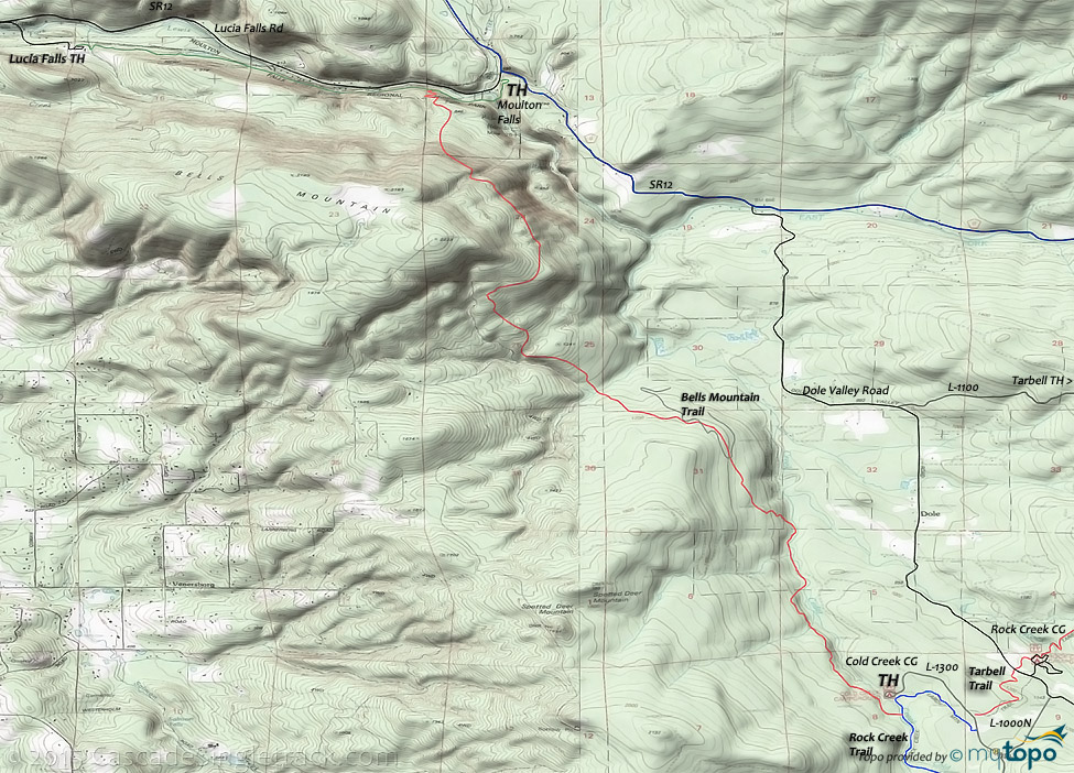 Moulton Falls, Bells Mountain Trail Topo Map