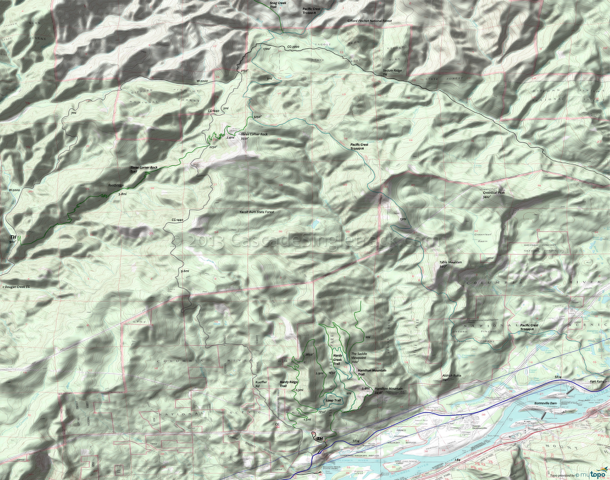 Three Corner Rock, Beacon Rock, Pacific Crest Trail Area Topo Map