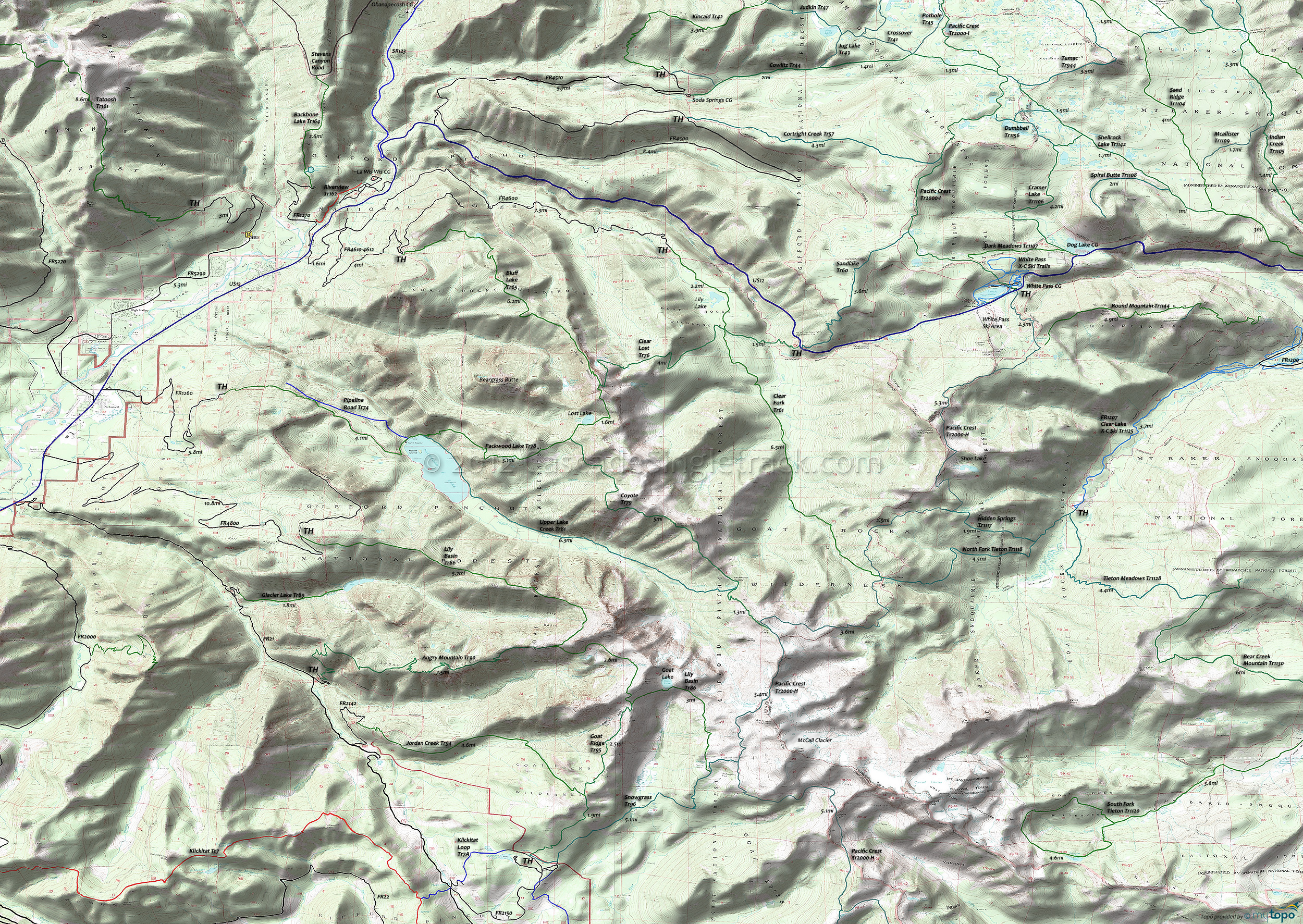 Angry Mountain Trail 90, Clear Fork Trail 61, Cowlitz Trail 44, Coyote Trail 79, Pacific Crest Trail 2000-H, Packwood Lake Trail 78, Shellrock Lake Trail Area Topo Map