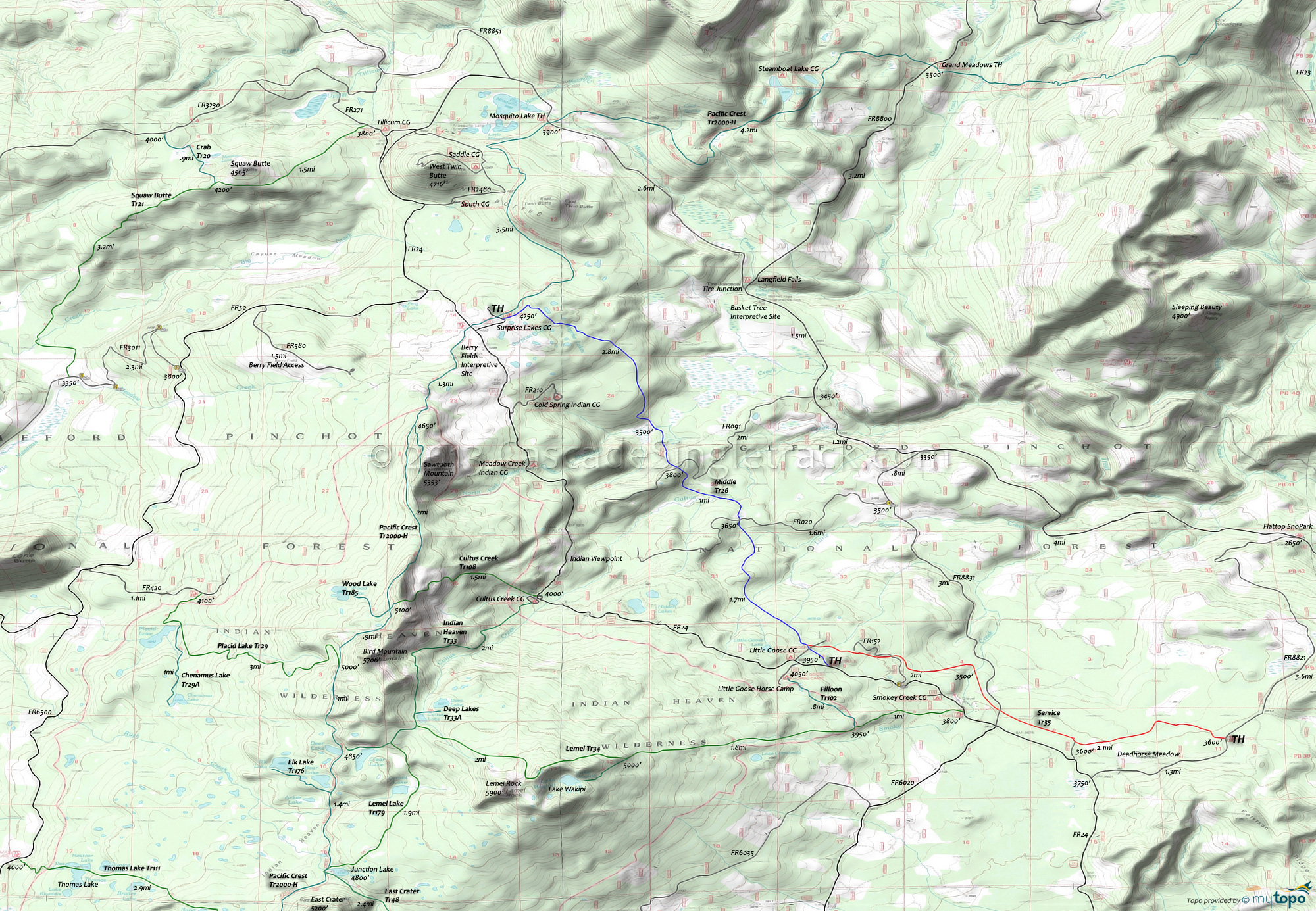 Cultus Creek Trail 108, East Crater Trail 48, Filloon Trail 102, Indian Heaven Trail 33, Lemei Trail 34, Lemei Lake Trail 179, Middle Trail 26, Pacific Crest Trail 2000H, Service Trail 35 Area Topo Map