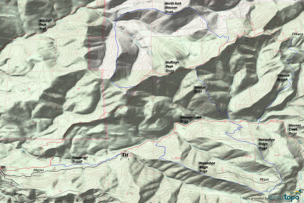 Siouxon Creek, Horseshoe Ridge, Chinook, Wildcat, Huffman Peak Trails Topo Map